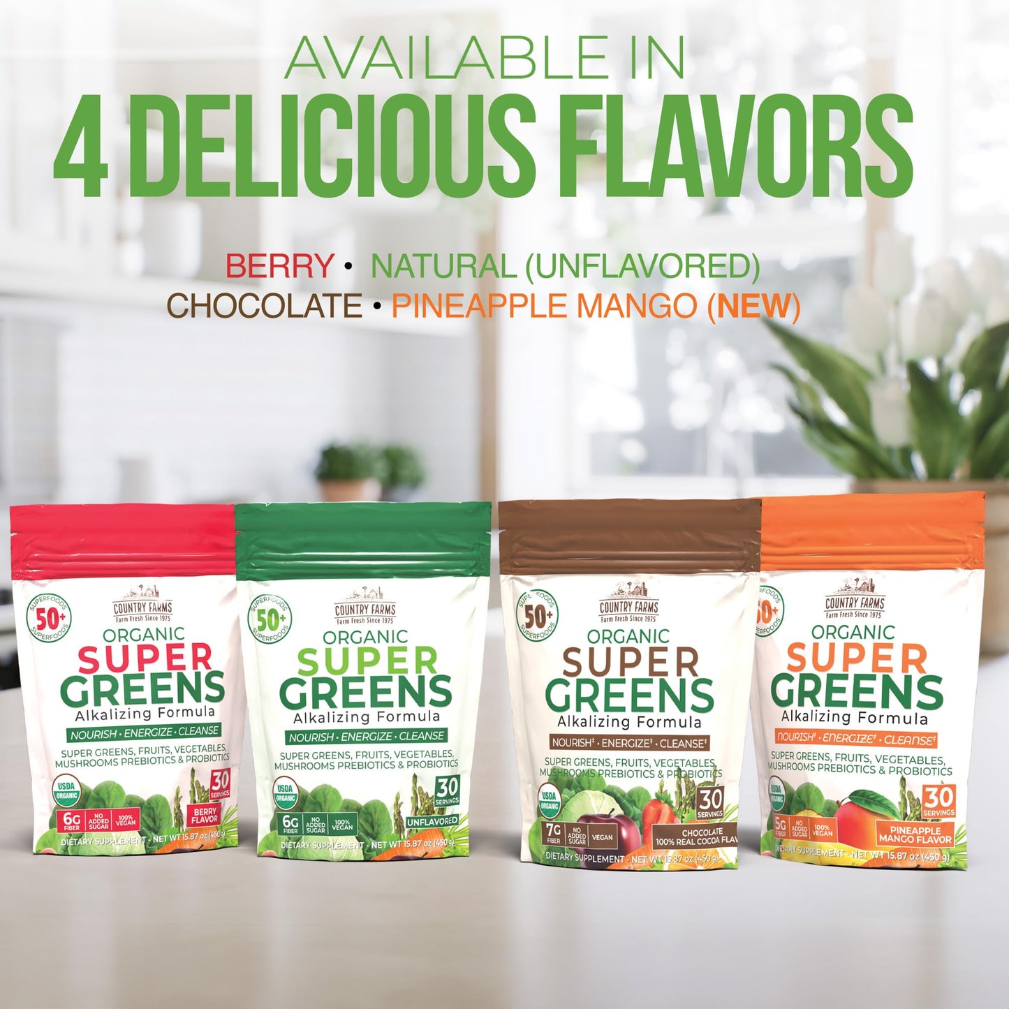 Country Farms Super Greens Natural Flavor, 50 Organic Super Foods, USDA Organic Drink Mix (Wheat Grass, Spirulina, Chlorella) Mushrooms & Probiotics, Fiber, Gut Health, Natural Energy, 30 Servings