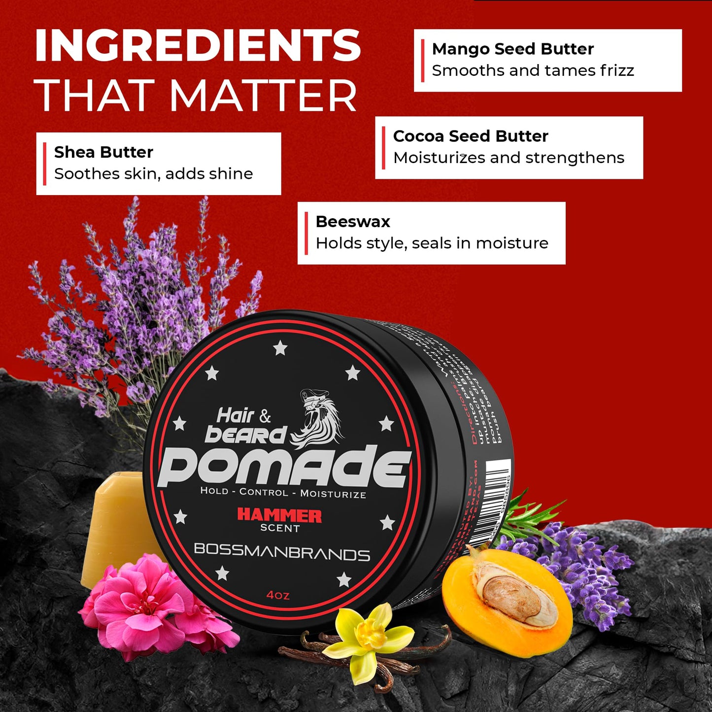 Bossman Hair & Beard Pomade for Men (Hammer Scent) – Medium Hold & Moisturizing for Hair, Beard & Mustache Styling – Made in USA