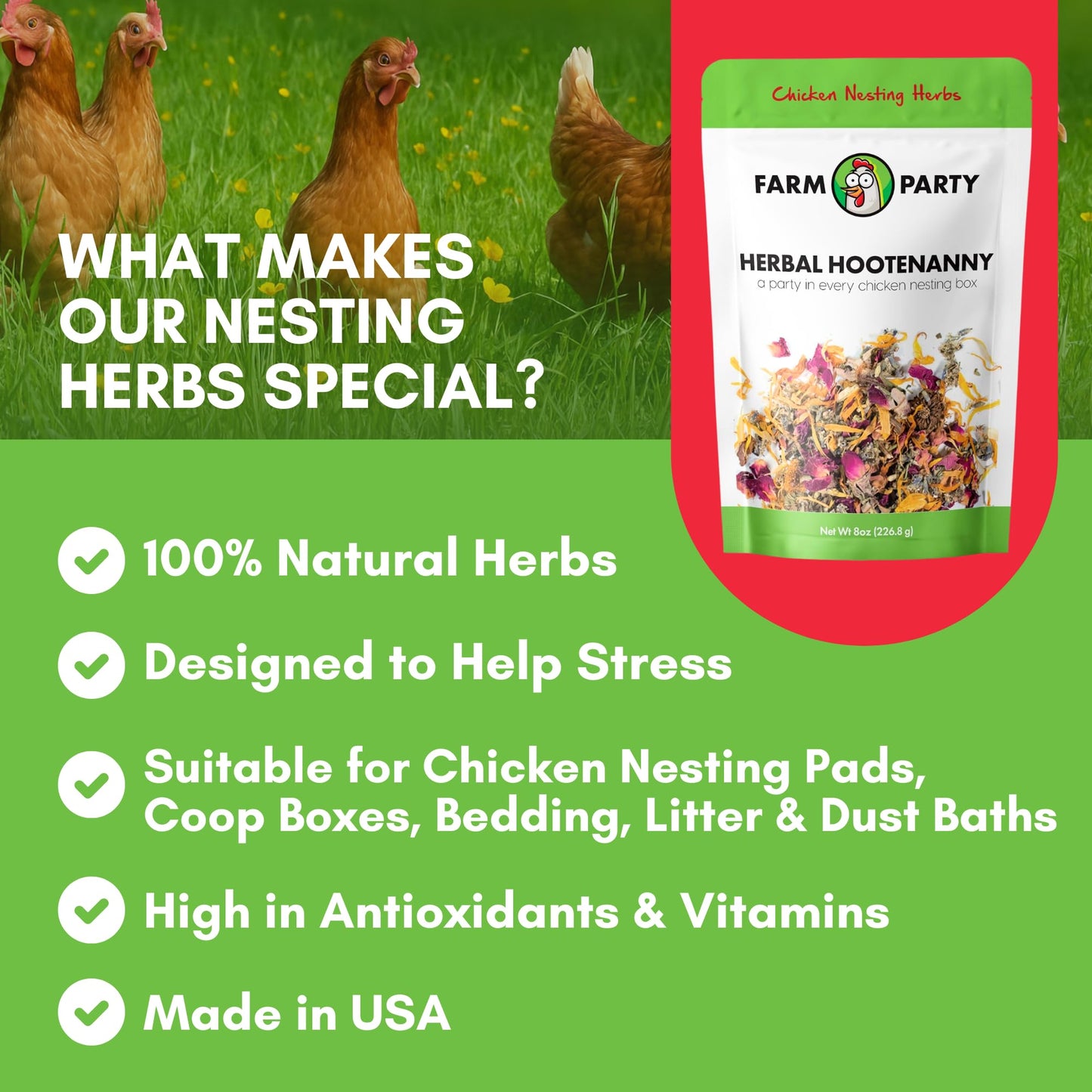 Farm Party Herbal Hootenanny Chicken Nesting Herbs 8oz - Chicken Dust Bath Mix Deodorizer Keeps Nest Boxes & Coop Fresh - Chicken Coop Herbs - Chicken Accessories for Coops
