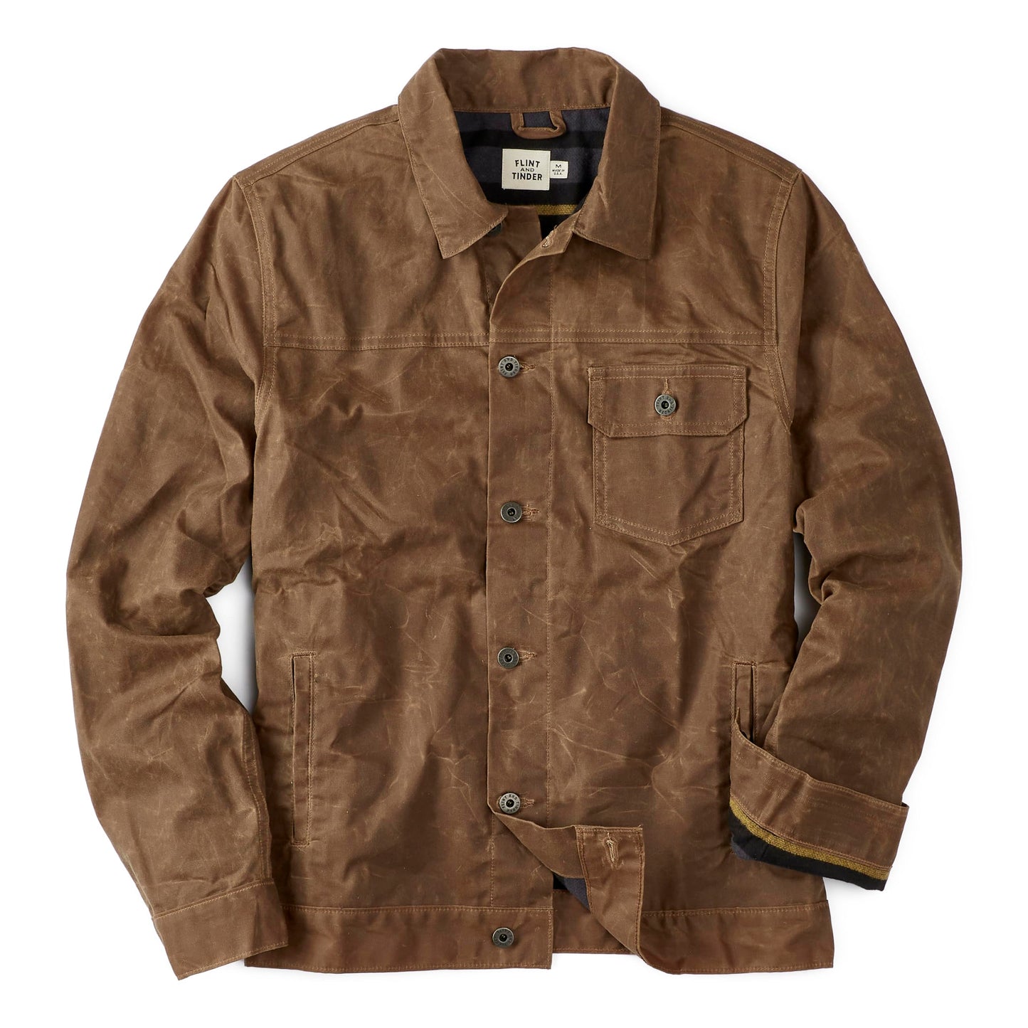 Huckberry Flint and Tinder Men's Flannel-Lined Waxed Trucker Jacket, Water & Weather Resistant Mens Jacket, Havana