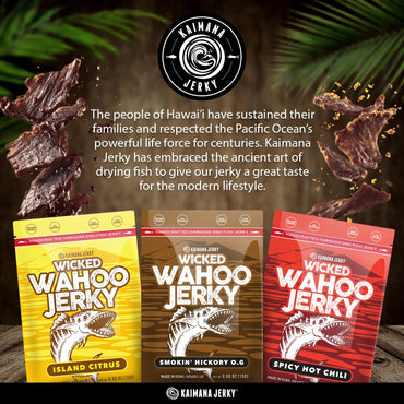 Wahoo Ono Fish Jerky Variety Sampler- Smokin' Hickory O.G, Island Citrus & Spicy Chili - Organic, Gourmet Smoked Fish Strips, Rich in Omega-3 & Protein, Low-Calorie, Low Sodium & Sugar- 9 Pack (0.5oz)