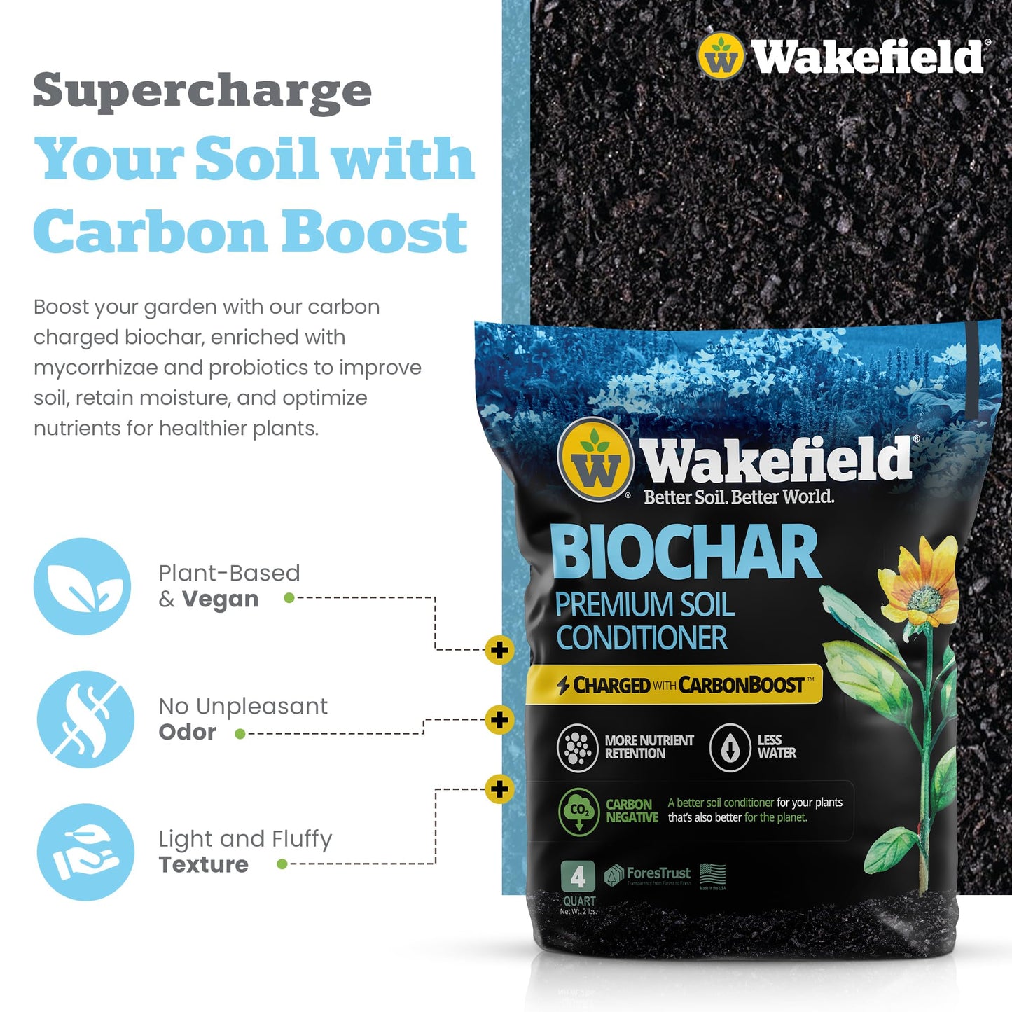 Wakefield Premium Indoor Potting Soil - Professional Biochar & Probiotics with CarbonBoost Technology - Ultimate Organic Potting Mix for Indoor & Outdoor Plants, Succulents & House Plants - 4Quarts