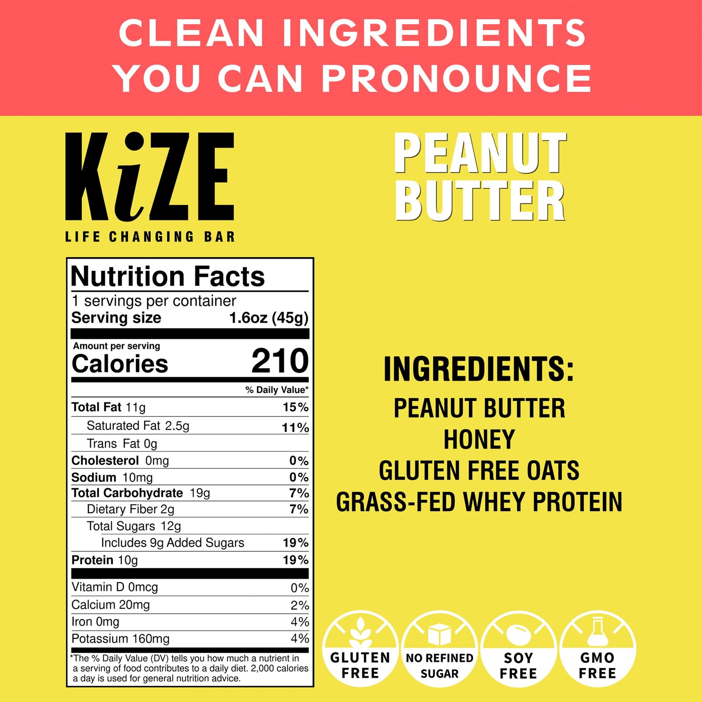 KiZE Energy Bar, 20-Count Pack, 4 Ingredients, 10g Grass-Fed Whey Protein, Clean & Simple Real Food, Gluten Free, Non-GMO, Soy Free, Mission Based, Made in The USA, High Protein Snacks