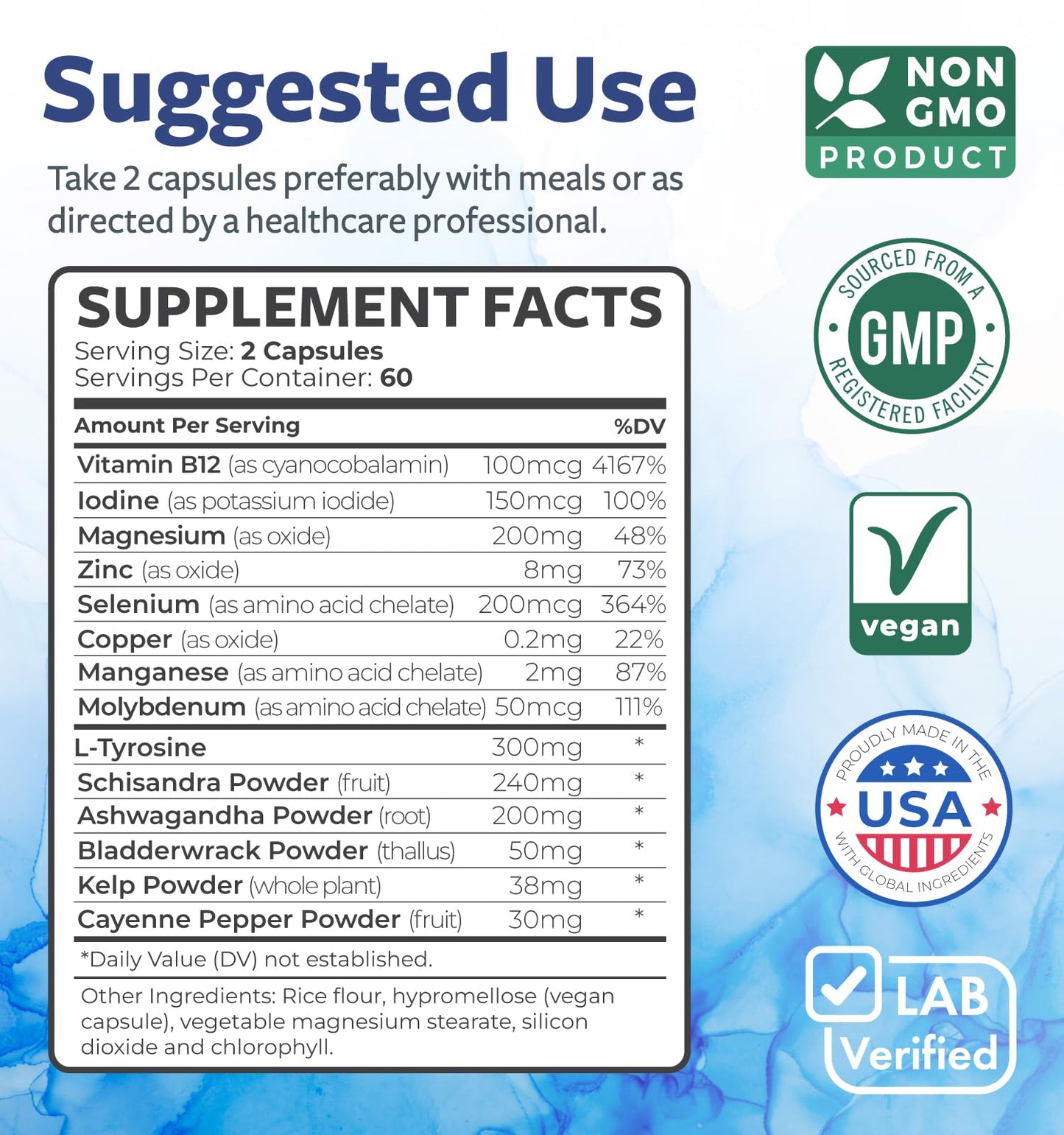 Thyroid Support with Iodine - 120 Capsules (Non-GMO) Improve Your Energy - Ashwagandha Root, Zinc, Selenium, Vitamin B12 Complex - Thyroid Health Supplement for Women and for Men - 60 Day Supply