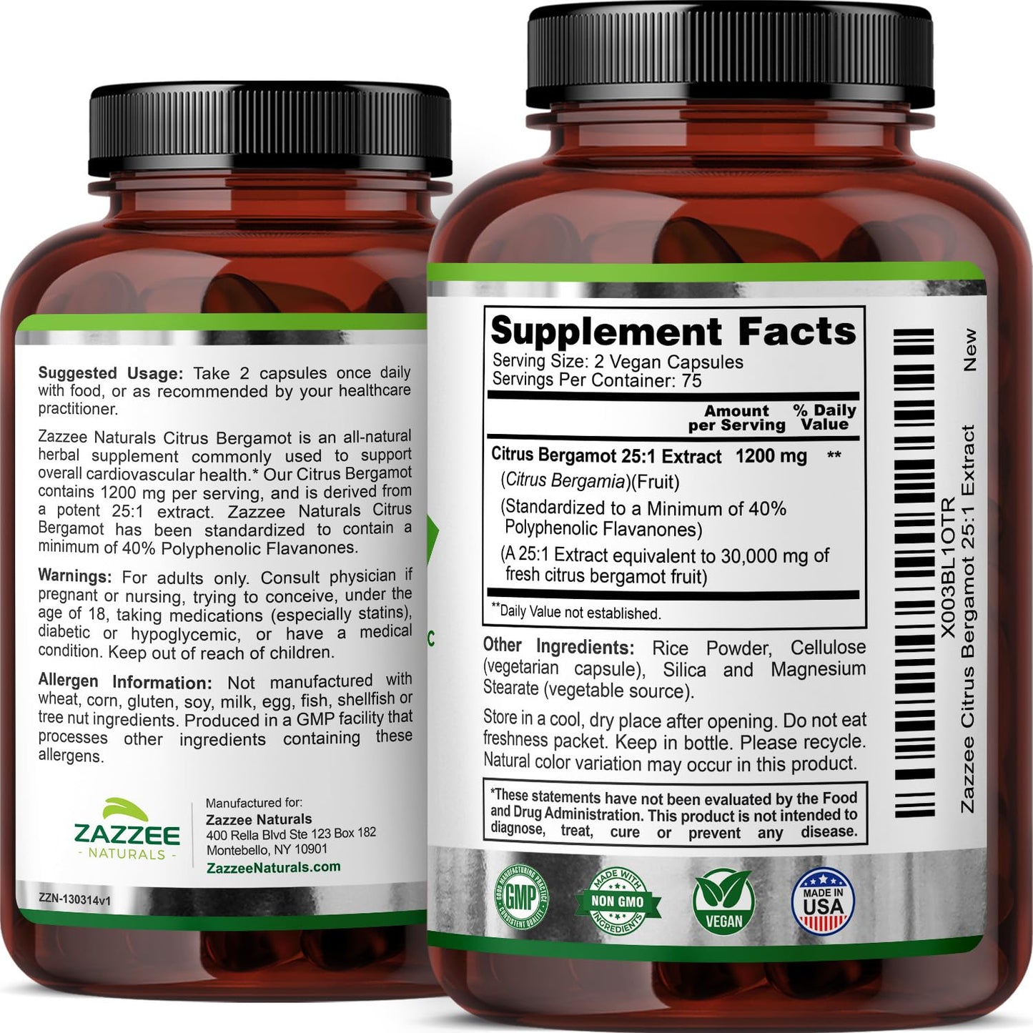 Zazzee Extra Strength Citrus Bergamot 25:1 Extract, 1200 mg per, 40% Polyphenolic Flavanones, 150 Vegan Capsules, Concentrated and Standardized 25X Potency, Non-GMO and All-Natural, Made in The USA