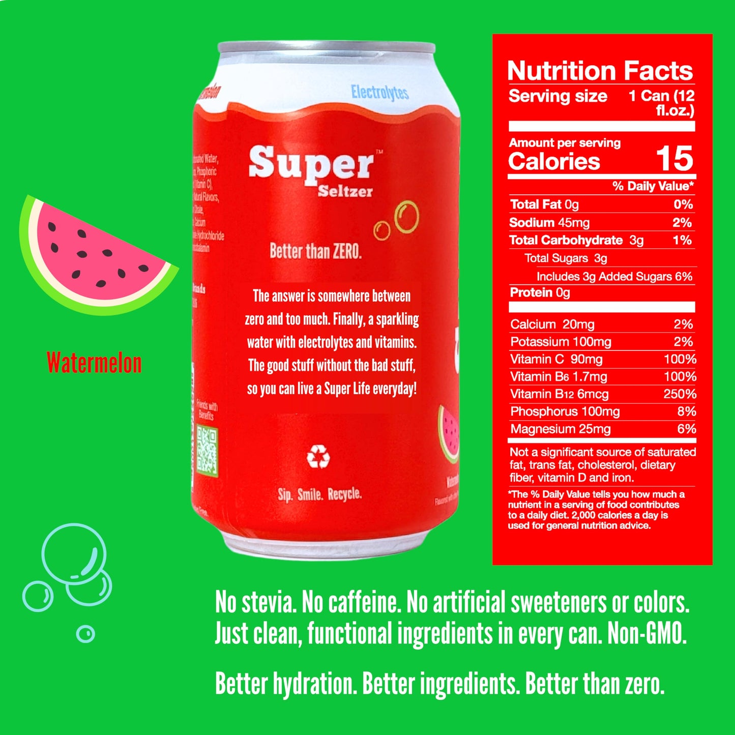 Super Seltzer Sparkling Water with Electrolytes and Vitamins, Watermelon Naturally Flavored, 12 Fl Oz, Pack of 12 cans
