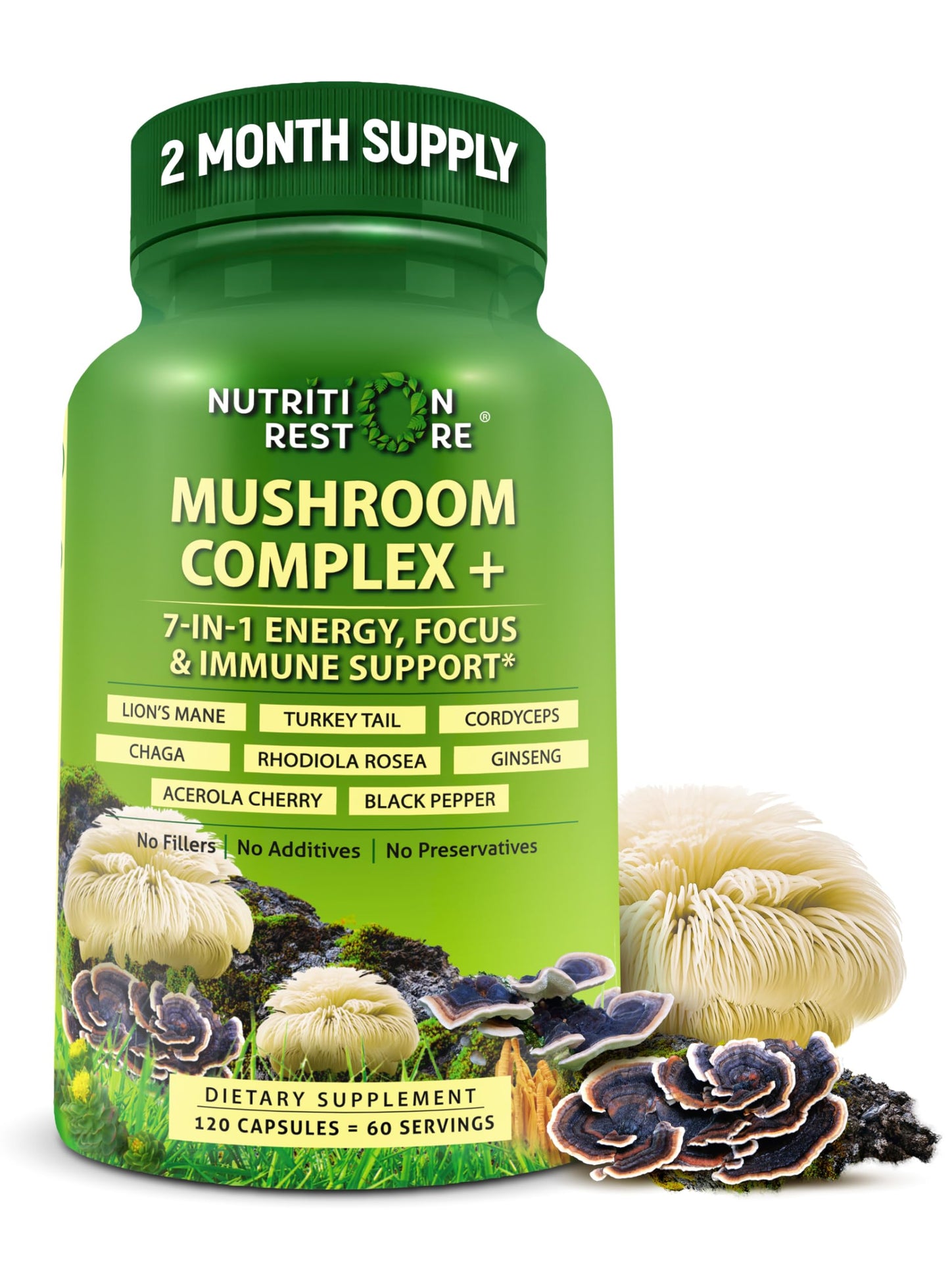 Organic Mushroom Complex: Lion's Mane, Turkey Tail, Cordyceps, Chaga, Contains Naturally Occurring Beta Glucans - Organic Energy & Immune Support Blend: Rhodiola Rosea, Ginseng & Acerola Cherry 120Ct