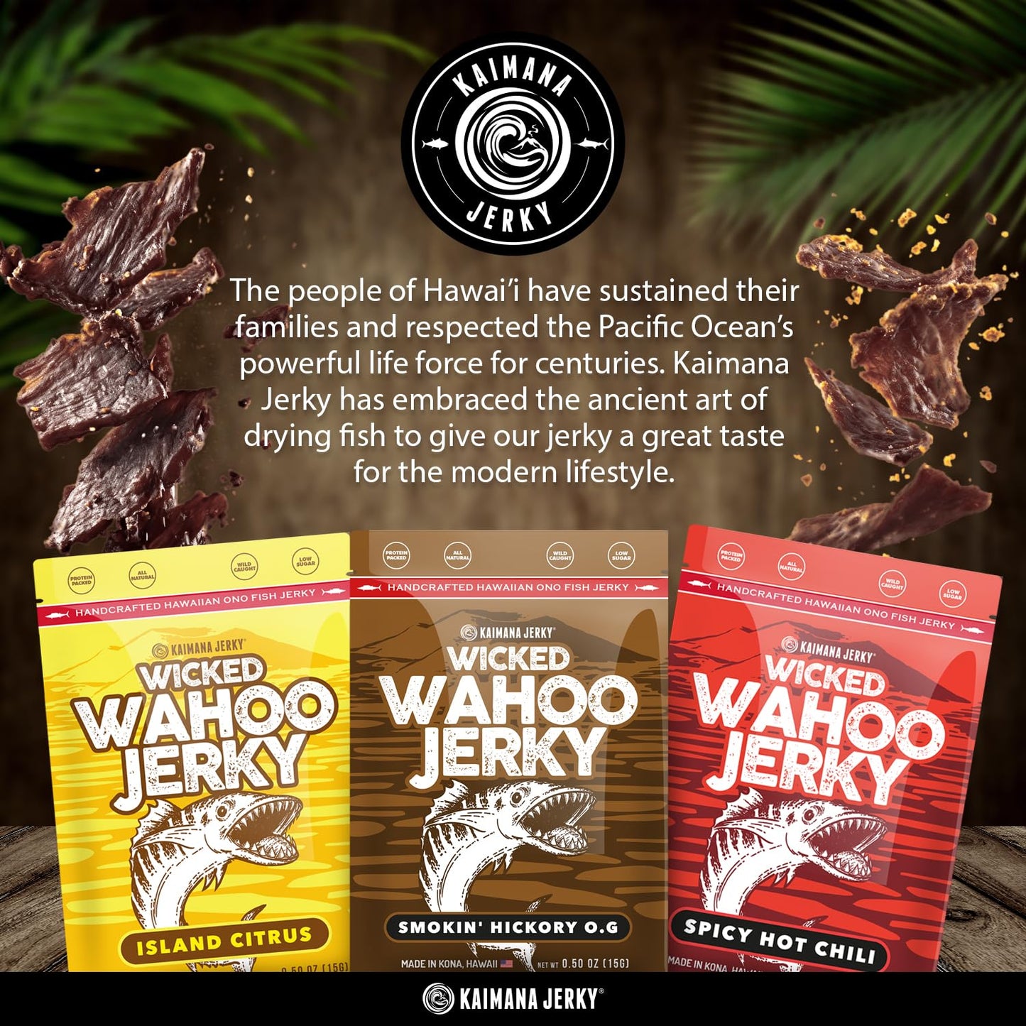Wahoo Ono Fish Jerky Variety Sampler- Smokin' Hickory O.G, Island Citrus & Spicy Chili - Organic, Gourmet Smoked Fish Strips, Rich in Omega-3 & Protein, Low-Calorie, Low Sodium & Sugar- 3/0.5 oz Variety Pack