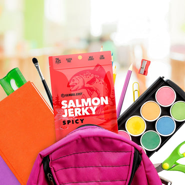 Kaimana Jerky Wild Caught Salmon Jerky - Organic Gourmet Dried Fish Strips Rich in Omega-3 & Protein - Low-Calorie Sweet Seafood Snack with No Gluten, Less Sodium & Sugar - Spicy Flavor - 3/2oz Pack