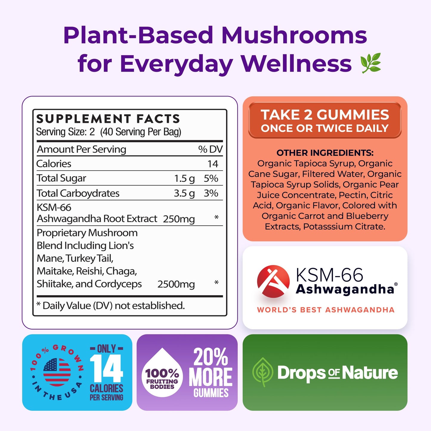 Ashwagandha Gummies and Lions Mane Mushroom Gummies Supplement - Organic - Reishi, Cordyceps, Turkey Tail, Maitake, Shitake, Chaga - Immune Defense, Boosts Cognitive Performance, Vegan, Low Carb