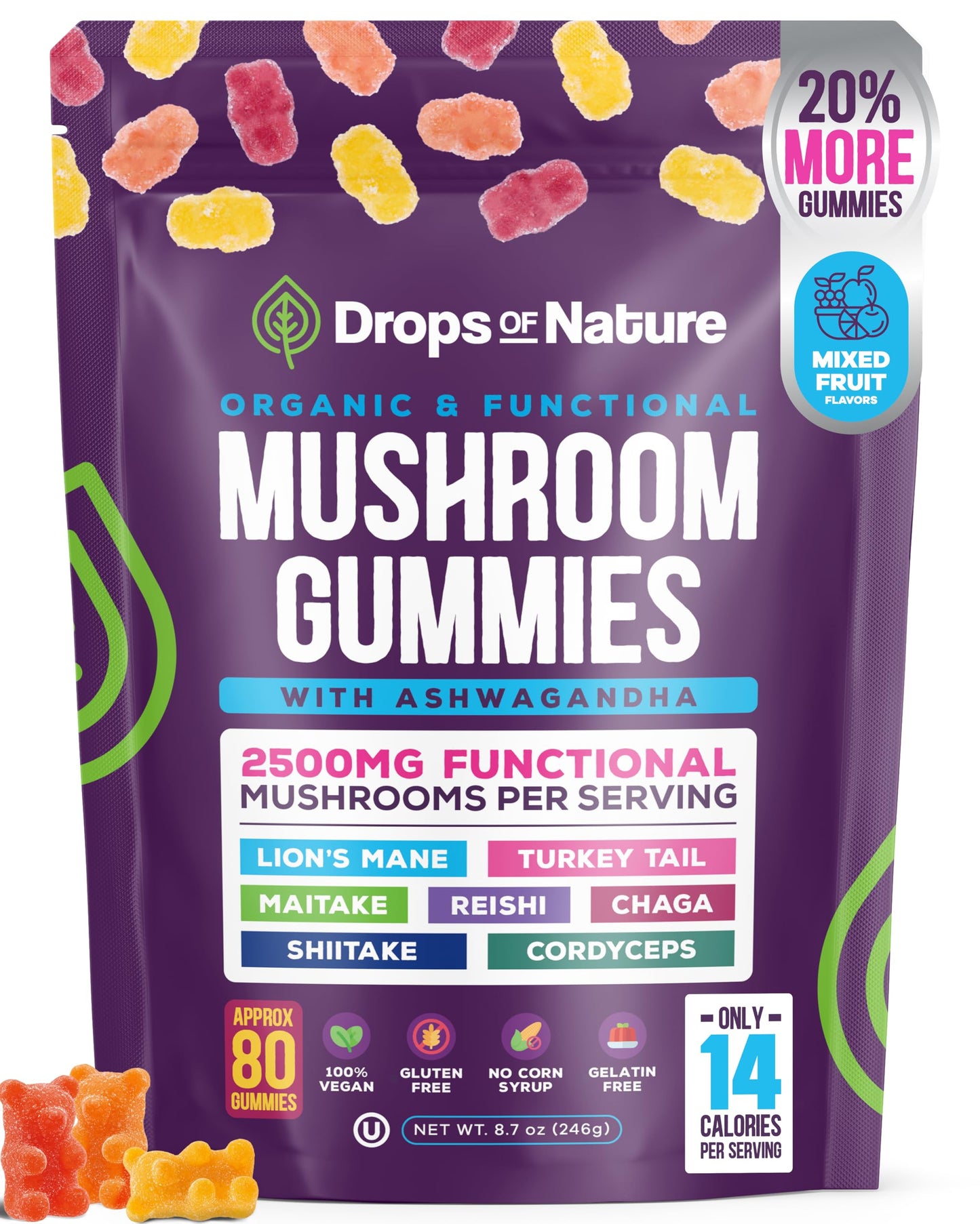 Ashwagandha Gummies and Lions Mane Mushroom Gummies Supplement - Organic - Reishi, Cordyceps, Turkey Tail, Maitake, Shitake, Chaga - Immune Defense, Boosts Cognitive Performance, Vegan, Low Carb
