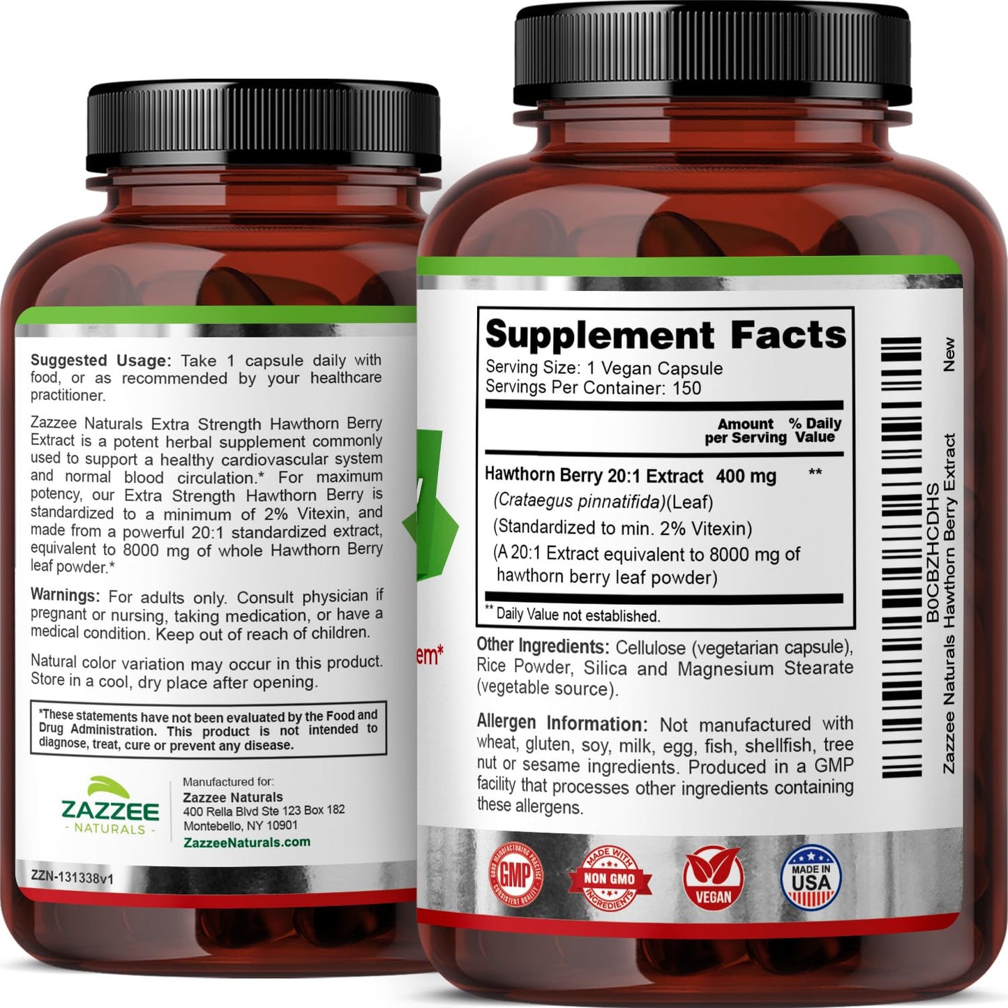 Zazzee Extra Strength Hawthorn Berry 20:1 Extract, 8000 mg Strength, 2% Vitexin, 150 Vegan Capsules, 5 Month Supply, Concentrated and Standardized Potent 20X Extract, Non-GMO and All-Natural