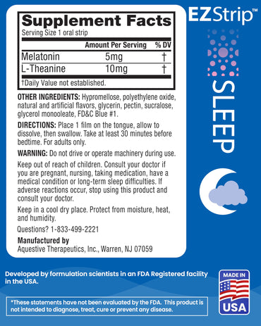 EZStrip Sleep Aid Supplement - Berry Flavor, 30 Count - Dissolving Sleep Strips with Melatonin and L Theanine for Support with Falling Asleep - Made in The USA, Sugar and Gluten-Free