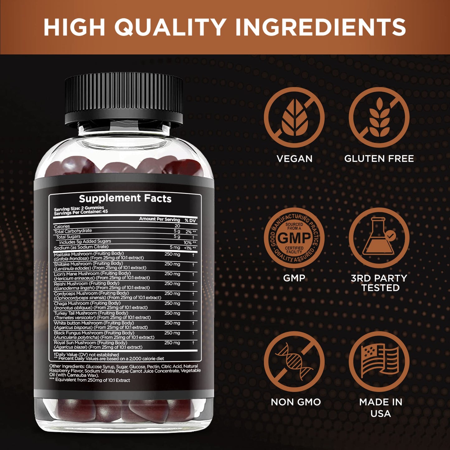 EFFECTIVE NUTRA Mushroom Gummies 2500mg | 10 Blend w/Lions Mane, Reishi, Chaga, Cordyceps & More | Focus, Memory, Immunity, Energy | Natural Berry Flavor Supplement | Vegan, Made in USA (90ct)