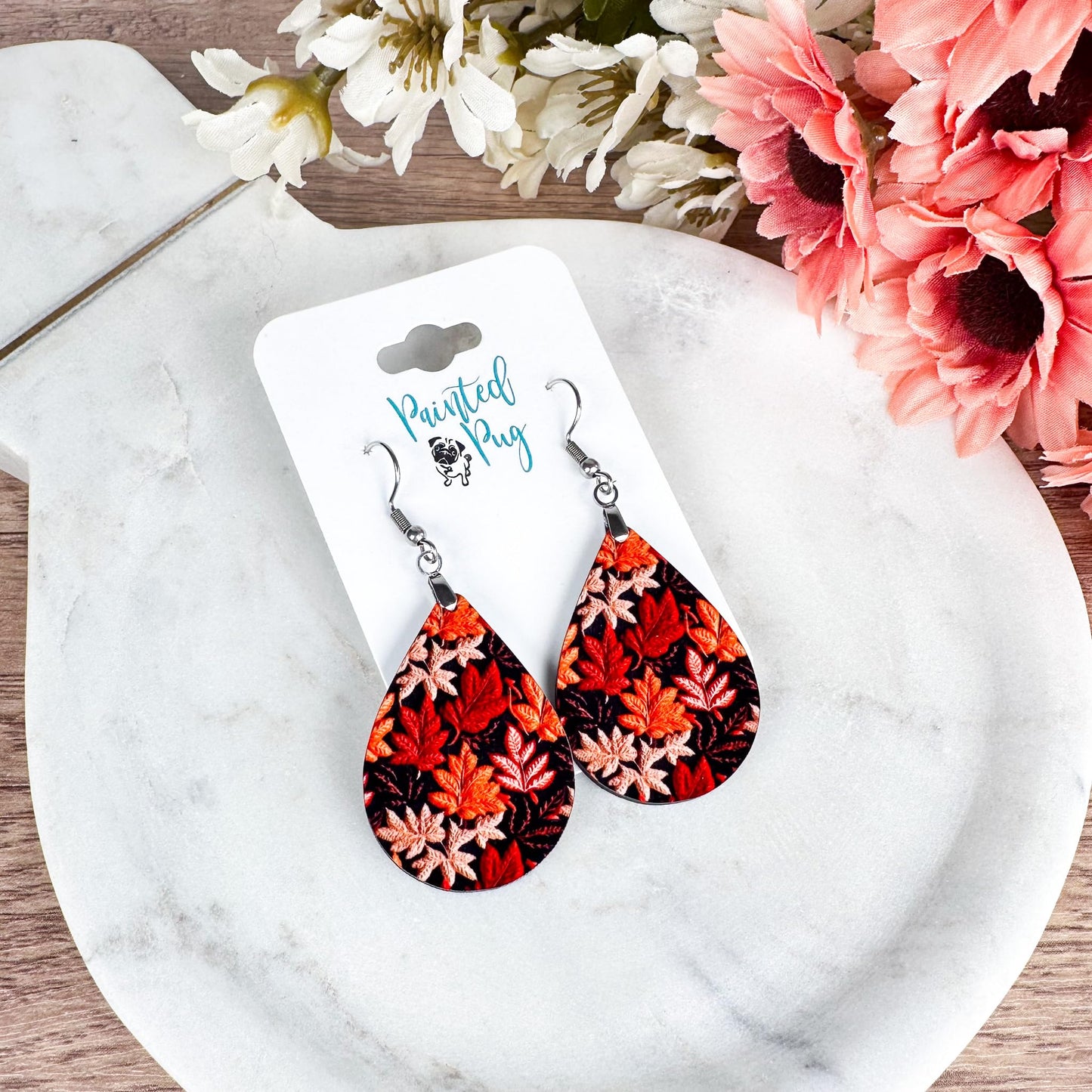 Fall Earrings for Women Autumn Lightweight Teardrop Dangle Fun Colorful Statement Jewelry Handmade by the Painted Pug (Fall Leaves Org Brwn)