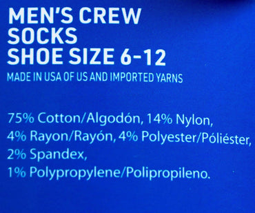 Member's Mark Men's Crew Socks Black Made in USA, Shoe Size 6-12, 10 Pairs