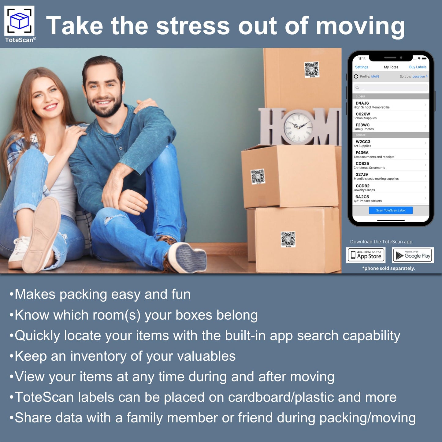 ToteScan Intelligent QR Labels for Organization/Moving/Storage (45 Unique Labels, 2.5"x3")
