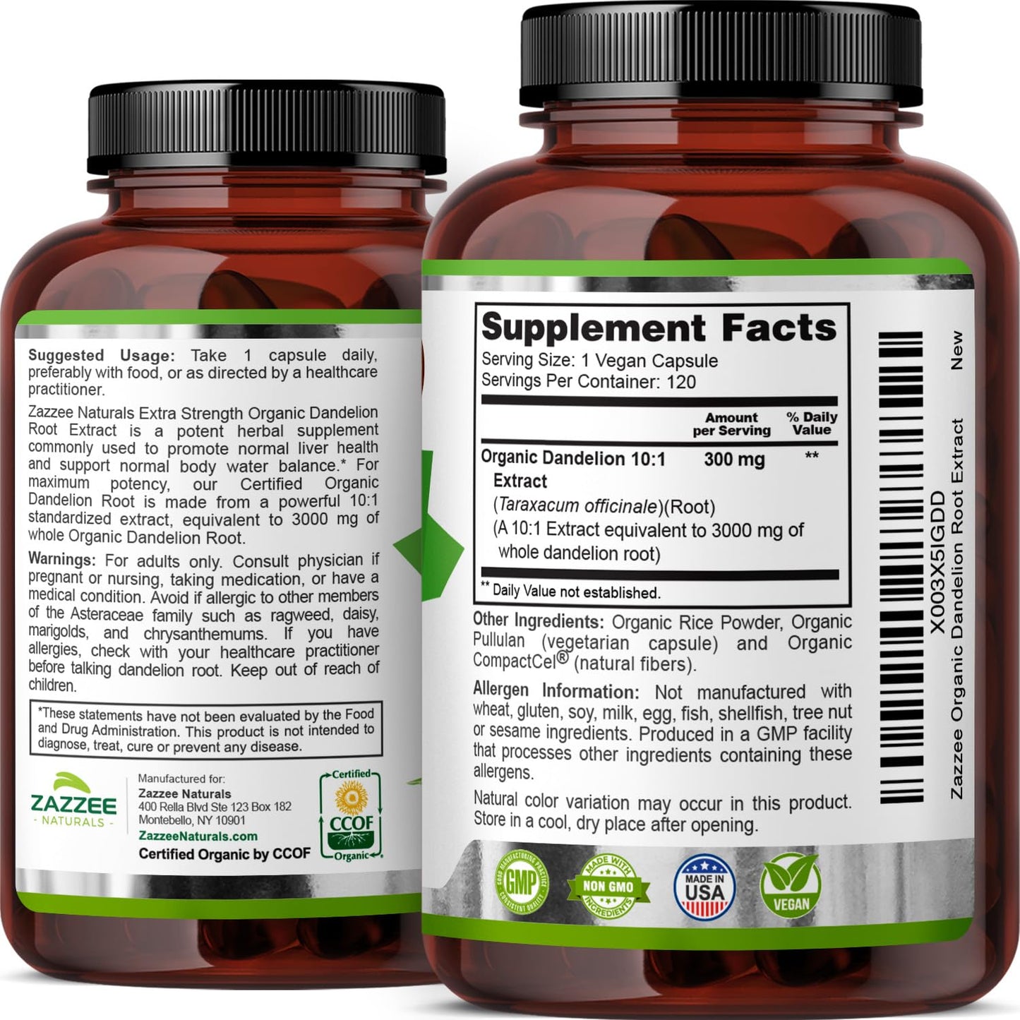Zazzee USDA Organic Dandelion Root 10:1 Extract, 3000 mg Strength, 120 Capsules, 4 Month Supply, Standardized and Concentrated 10X Extract, 100% Vegetarian, All-Natural and Non-GMO