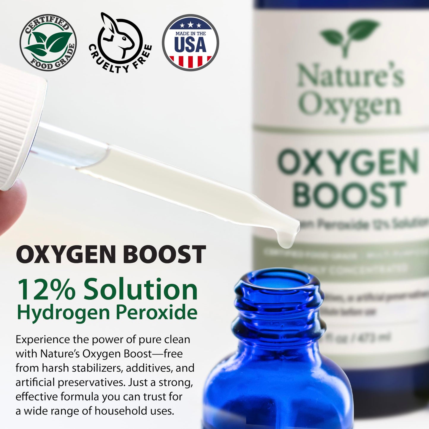 Nature’s Oxygen Food Grade Hydrogen Peroxide 12% Solution, 16 fl oz Pint Bottle with 2 fl oz Dropper, Only H₂O₂ & Water, Highly Concentrated, Made in USA