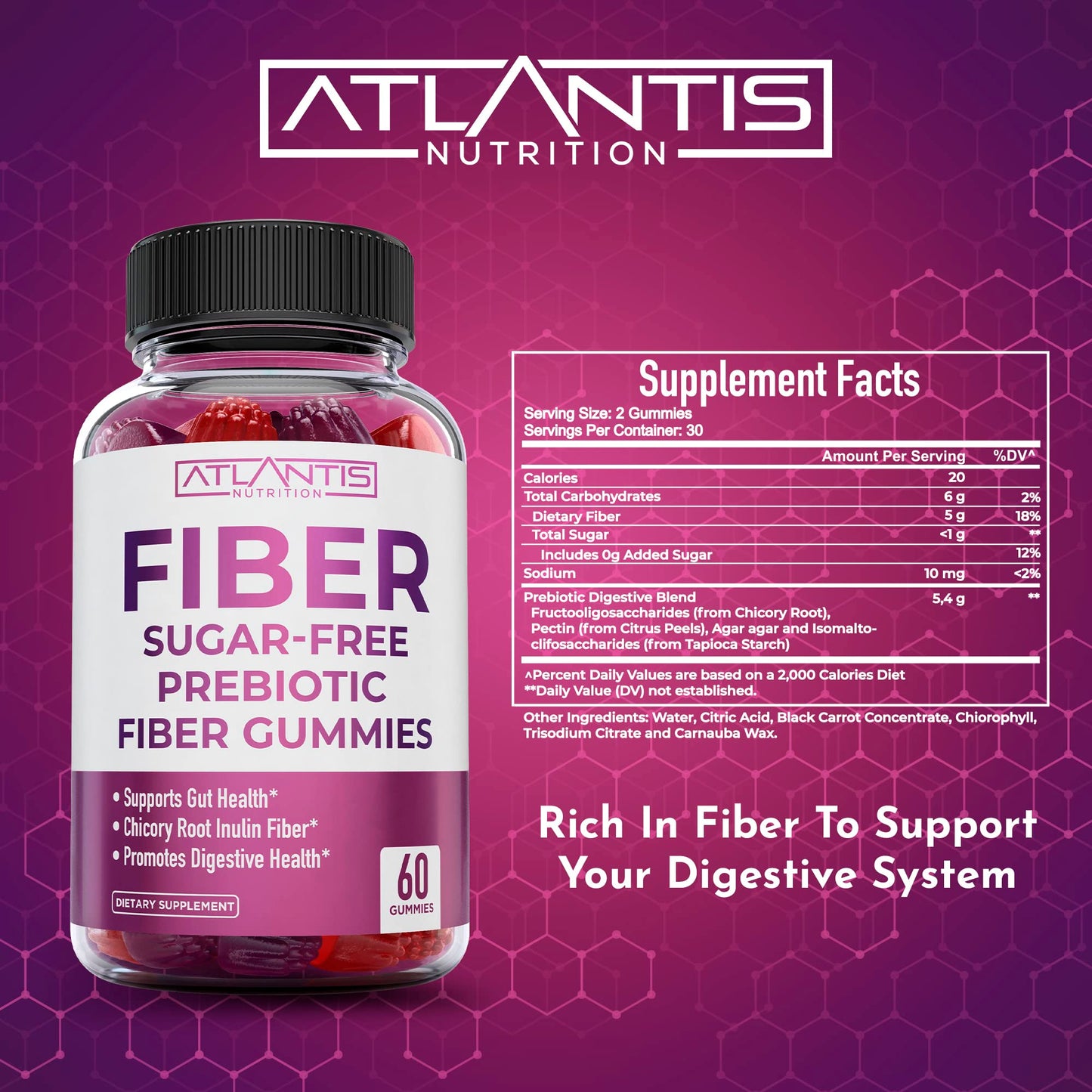 Atlantis Nutrition Sugar Free Fiber Gummies for Adults - 5G Fiber Supplement Formulated with 5.4G Prebiotic Digestive Blend - Supports Gut Health & Promotes Healthy Digestion - 2-Pack 120 Gummies