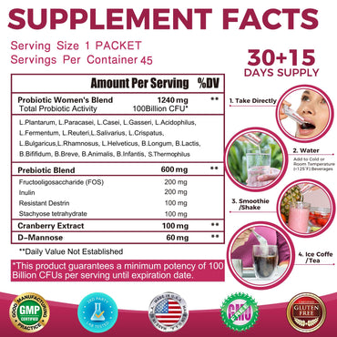ZEBORA Probiotics-for-Women 100-Billion-CFUs with Prebiotics, D-Mannose & Cranberry for Digestive, Immune, Feminine UT Health Support, Ultimate Probiotic Women's Care, Soy & Gluten Free, 45 Packets