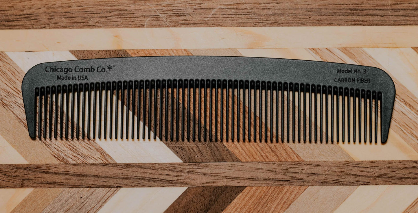 Chicago Comb Model 3 Carbon Fiber, Made in USA, Anti-static, 5.5 inches (14 cm) long, Fine-tooth, Pocket, Travel, EDC comb, Finer Hair and Beards