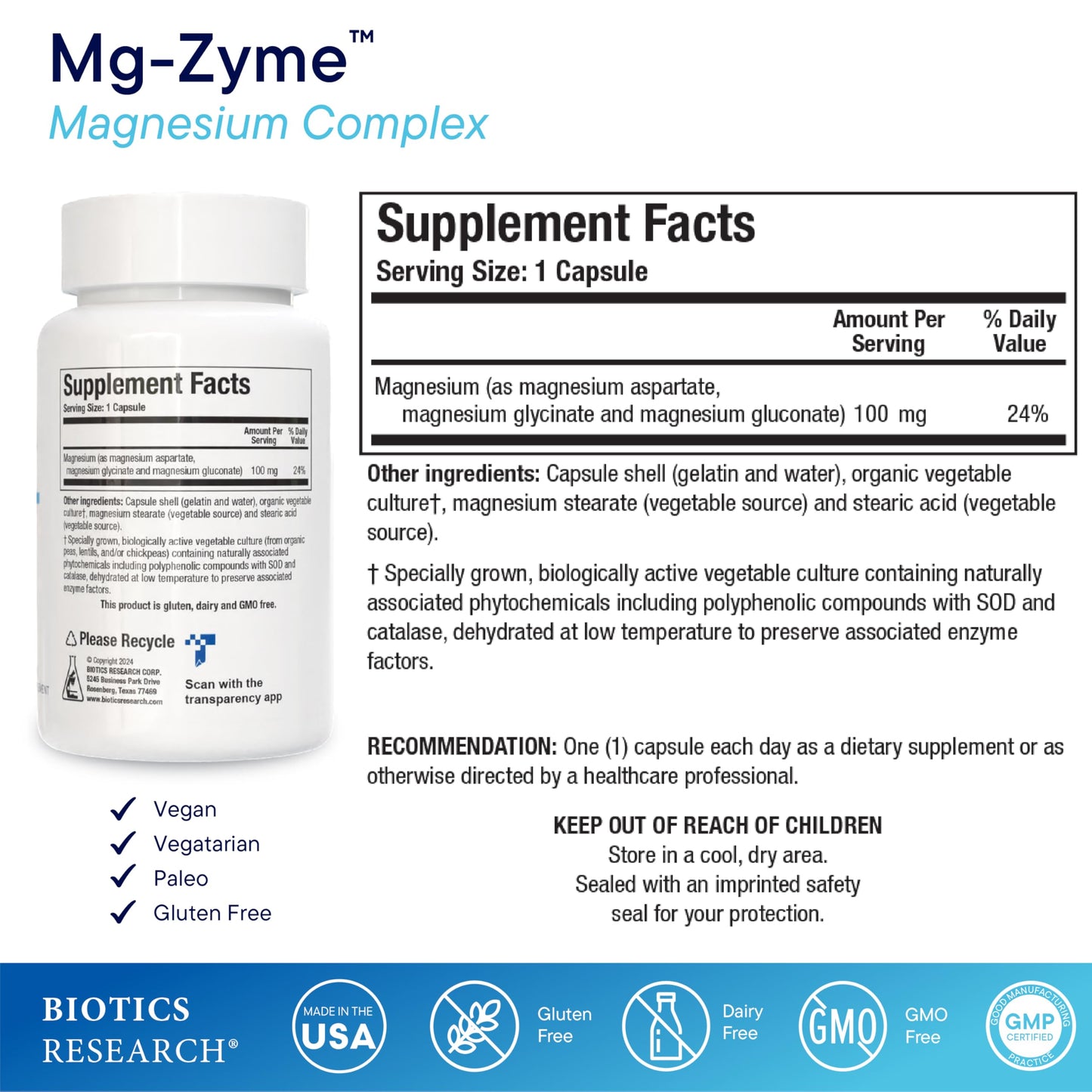 Biotics Research Mg-Zyme™ Triple Magnesium Complex 100 mg- Magnesium Glycinate, Gluconate, Aspartate Chelated Supplement, High Absorption, Support Sleep, Energy, Cardiovascular Health–100 Capsules