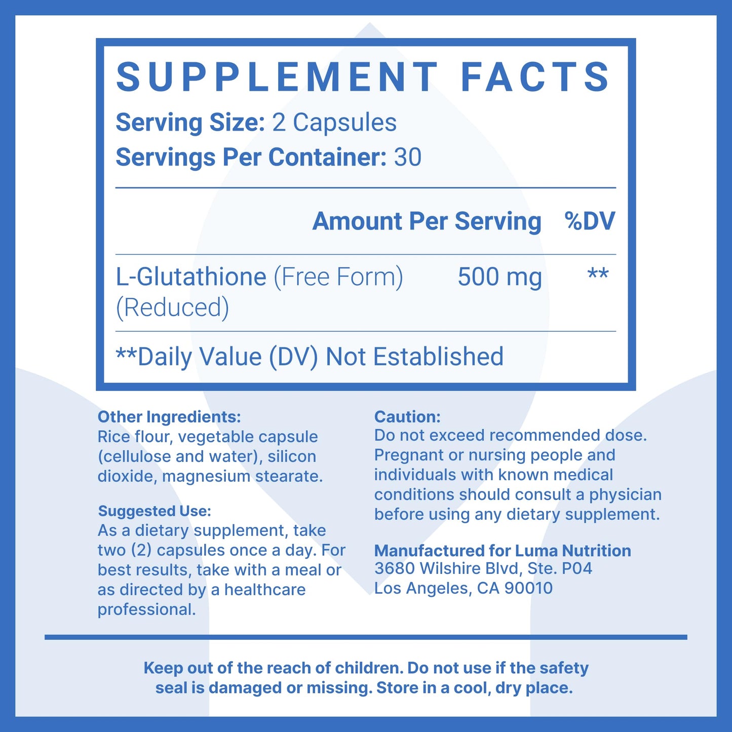 Luma Nutrition Premium Glutathione Supplement - 500mg - L-Glutathione - Antioxidant Support - Reduced - Liver Support - 60 Capsules