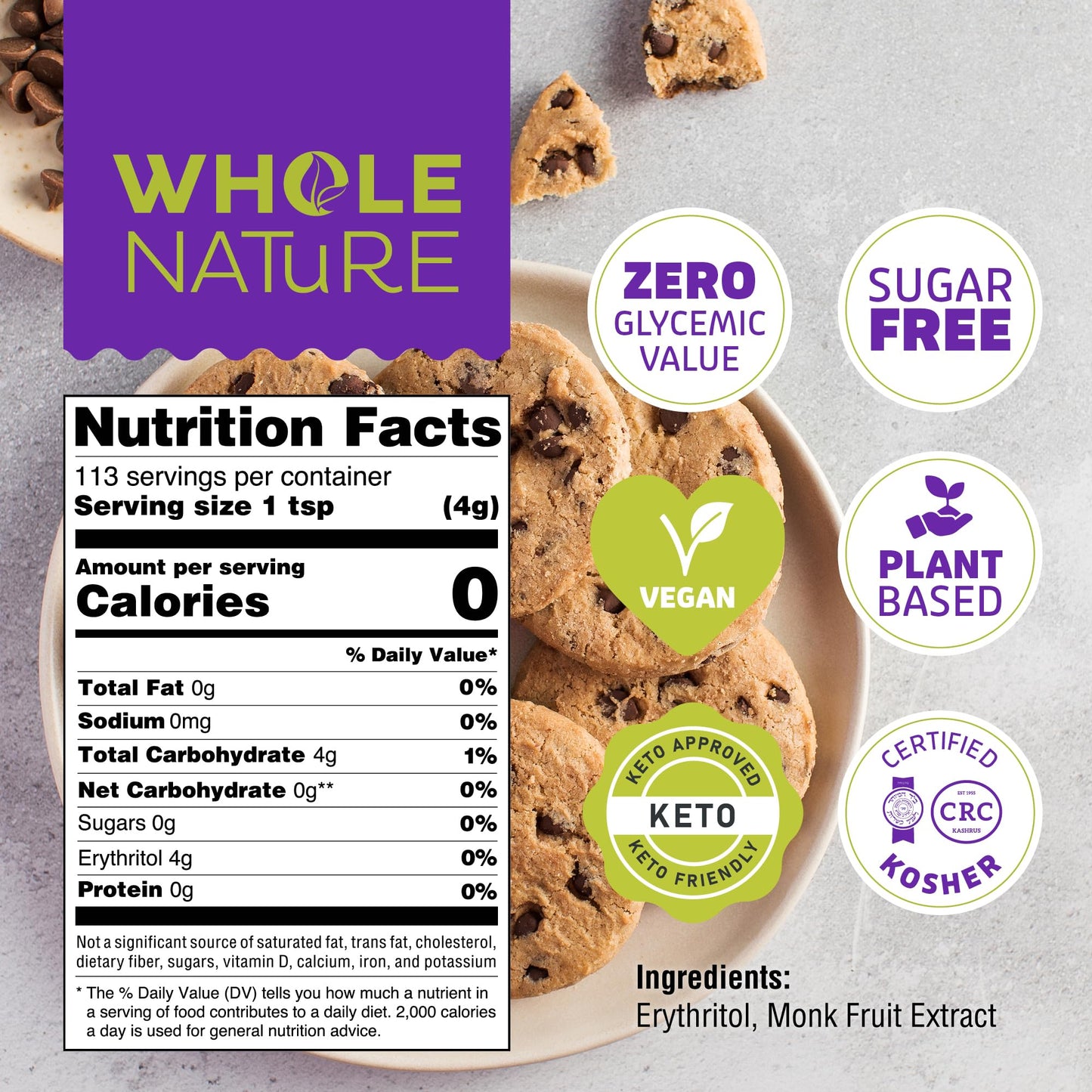 Whole Nature Monk Fruit Sugar Sweetener 1:1 Baking Sugar Substitute Made in the USA – Granulated Blend With Erythritol – Zero Calorie – Keto – Paleo – Non-GMO – Kosher - Natural Alternative – 1lb Pouch