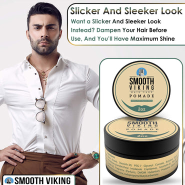 Smooth Viking Medium Hold & High Shine Pomade - Water Based Hair Cream for Curly, Thick & Straight Hair - Men's Hair Product - Made in USA, 2oz