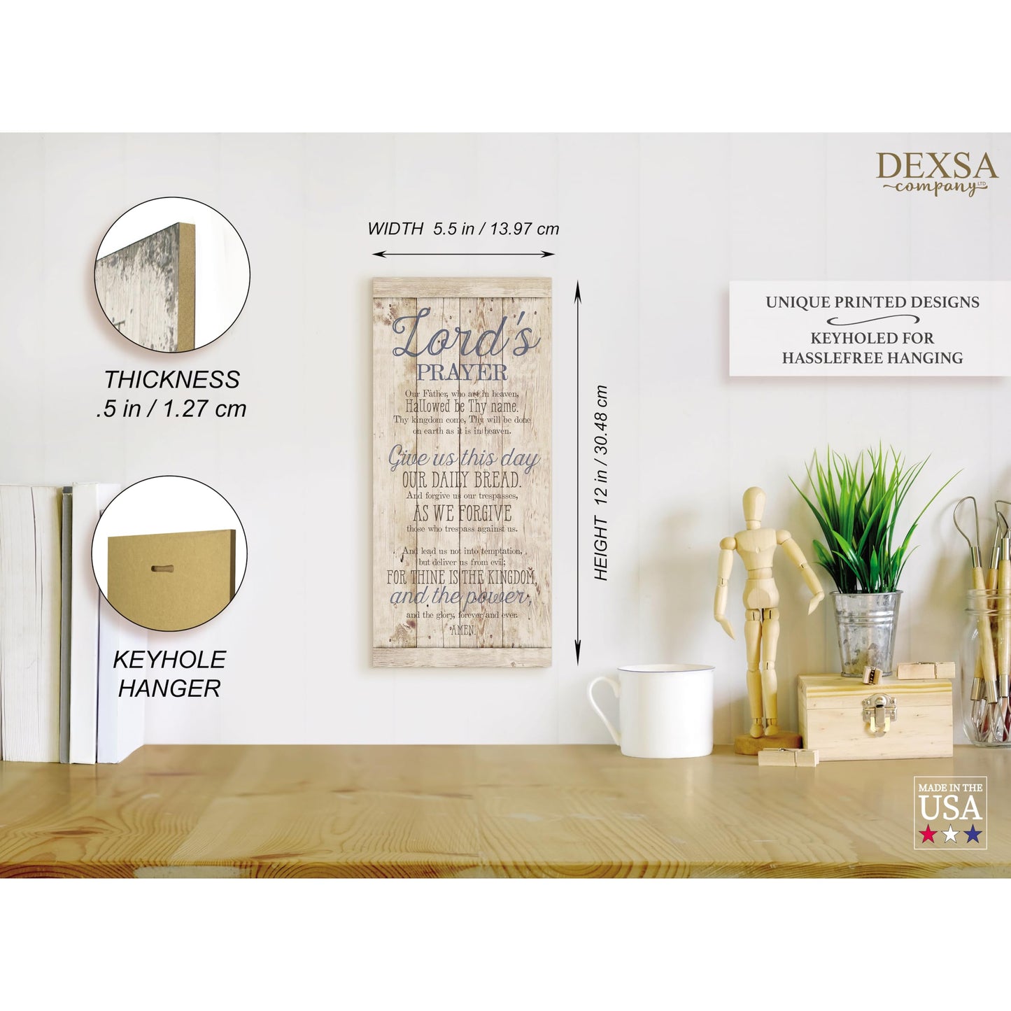 DEXSA Lord's Prayer Wood Plaque - Made in the USA - 5.5x12 - Frame Wall Hanging Decoration | Our Father, who art in heaven, hallowed be Thy name. Thy Kingdom come | Christian Family Home Decor Saying