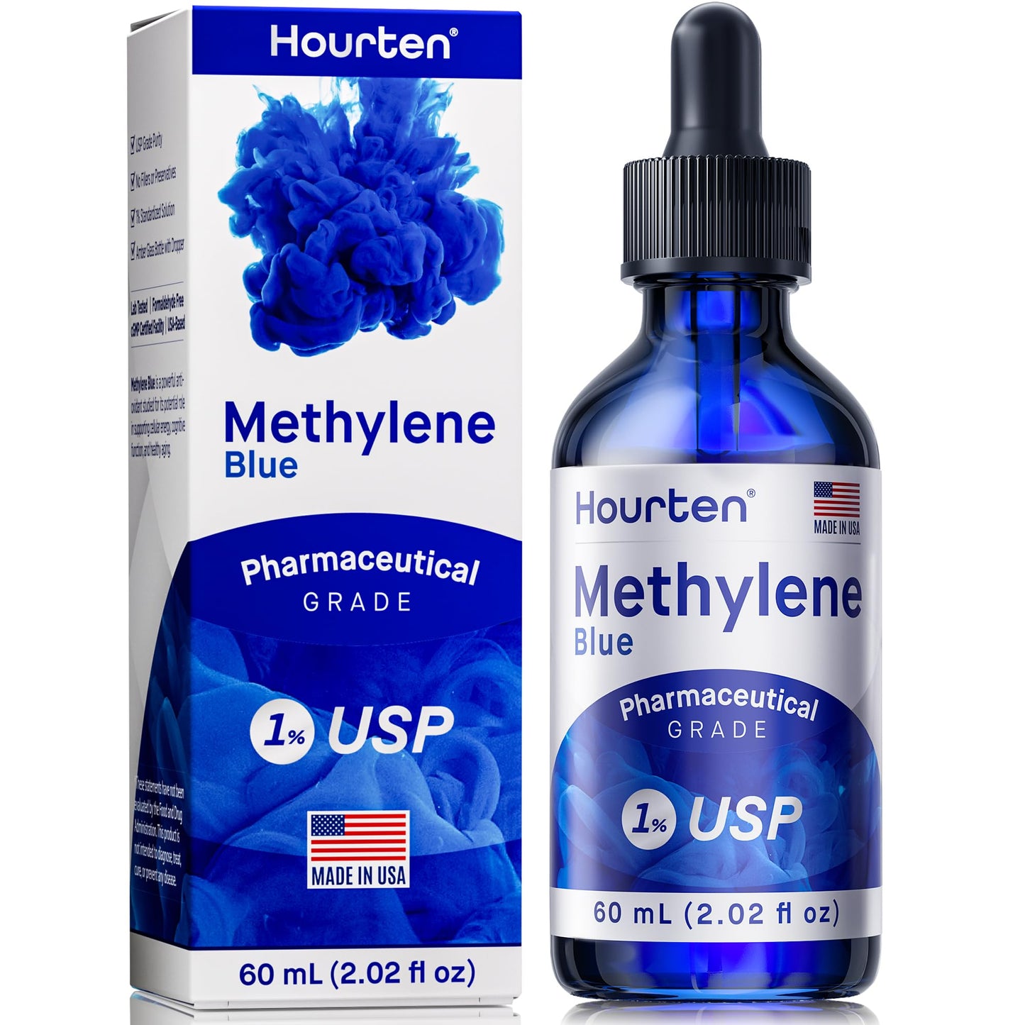 Methylene Blue Drops 1% USP Grade: Pharmaceutical Grade Blue Methylene Liquid Formula – 60 mL (2.02 fl oz) Amber Glass Dropper Bottle – Lab-Tested, Formaldehyde-Free, Made in USA