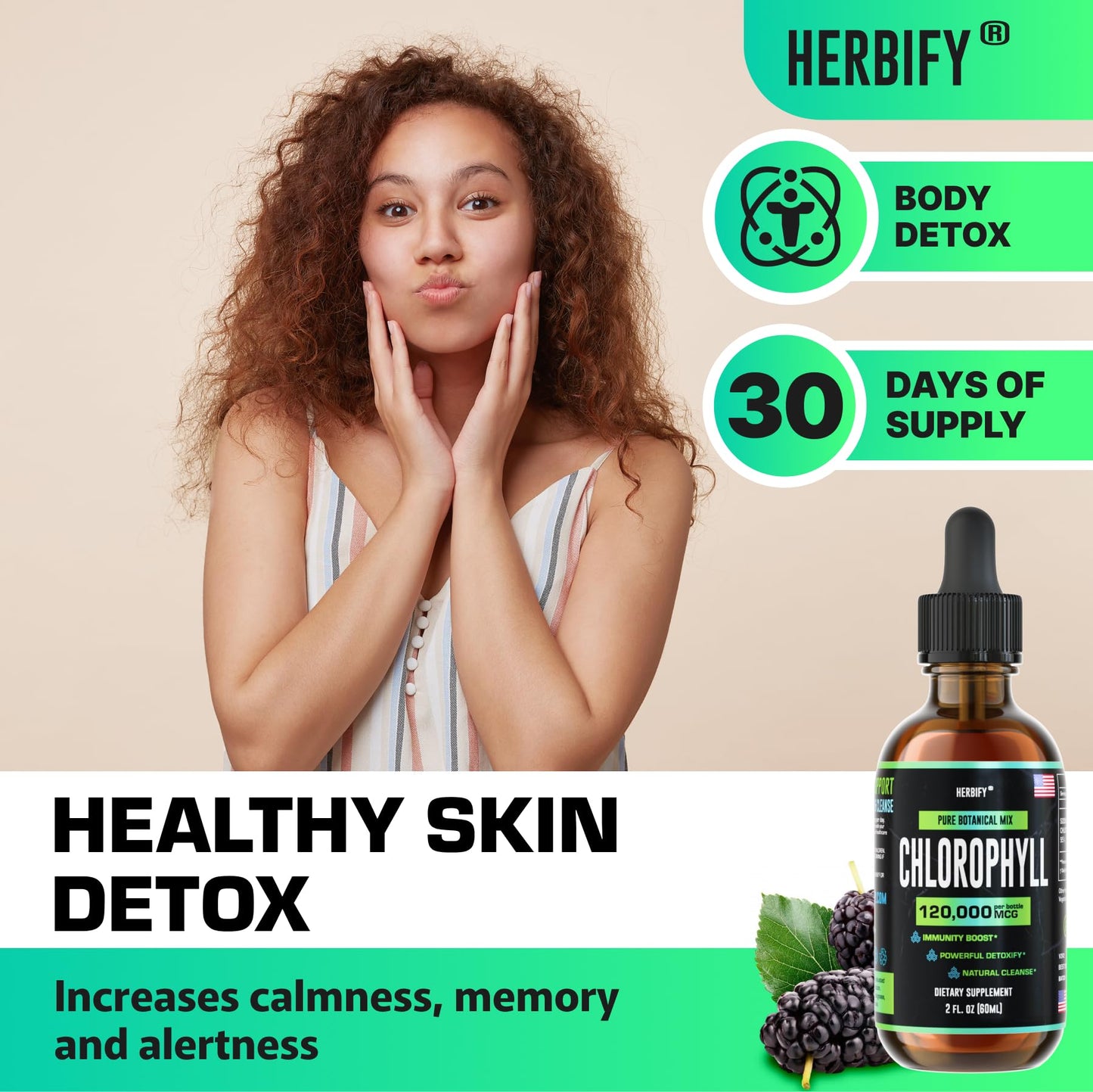 HERBIFY Chlorophyll Drops - Liquid Chlorophyll for Energy Boost & Immune System Support - Made in USA - Chlorophyll Liquid Drops for Body Detox, Internal Deodorant & Enhance Skin - 2 Oz
