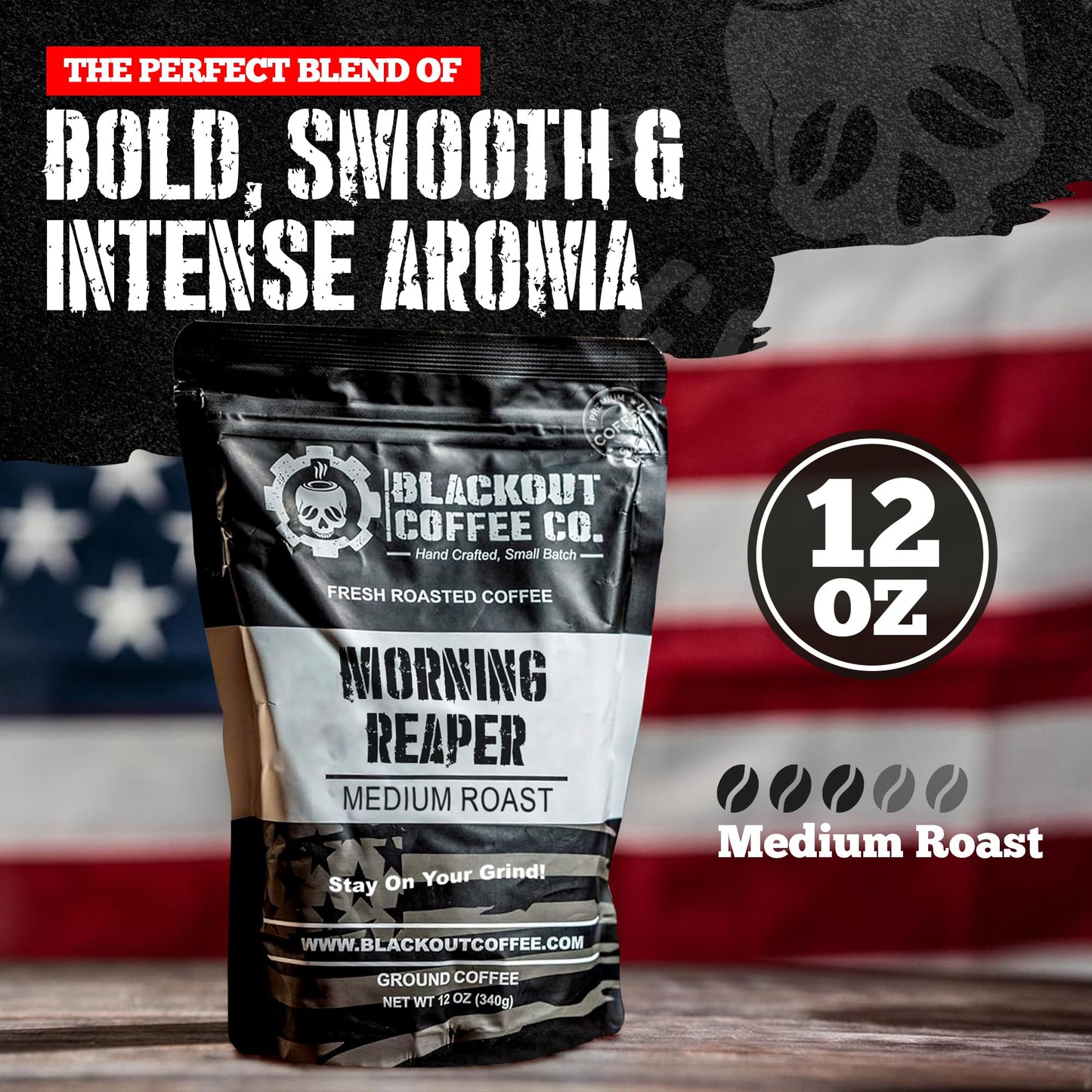 Blackout Coffee Morning Reaper Whole Bean Coffee – Medium Roast, Bold & Smooth Flavor, Non-Bitter – Freshly Roasted 12oz Bag, American Made