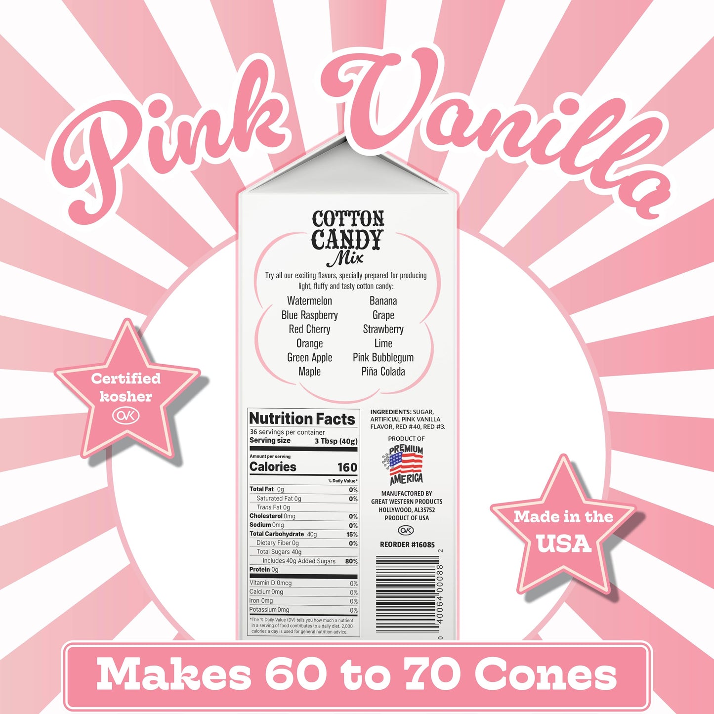 Premium America Pink Vanilla Cotton Candy Floss Sugar Carnival-Style Fluffy Fun, Pre-Mixed & Ready to Use for Parties, Events & Festivals 3.25 lb Cartons Case of 3