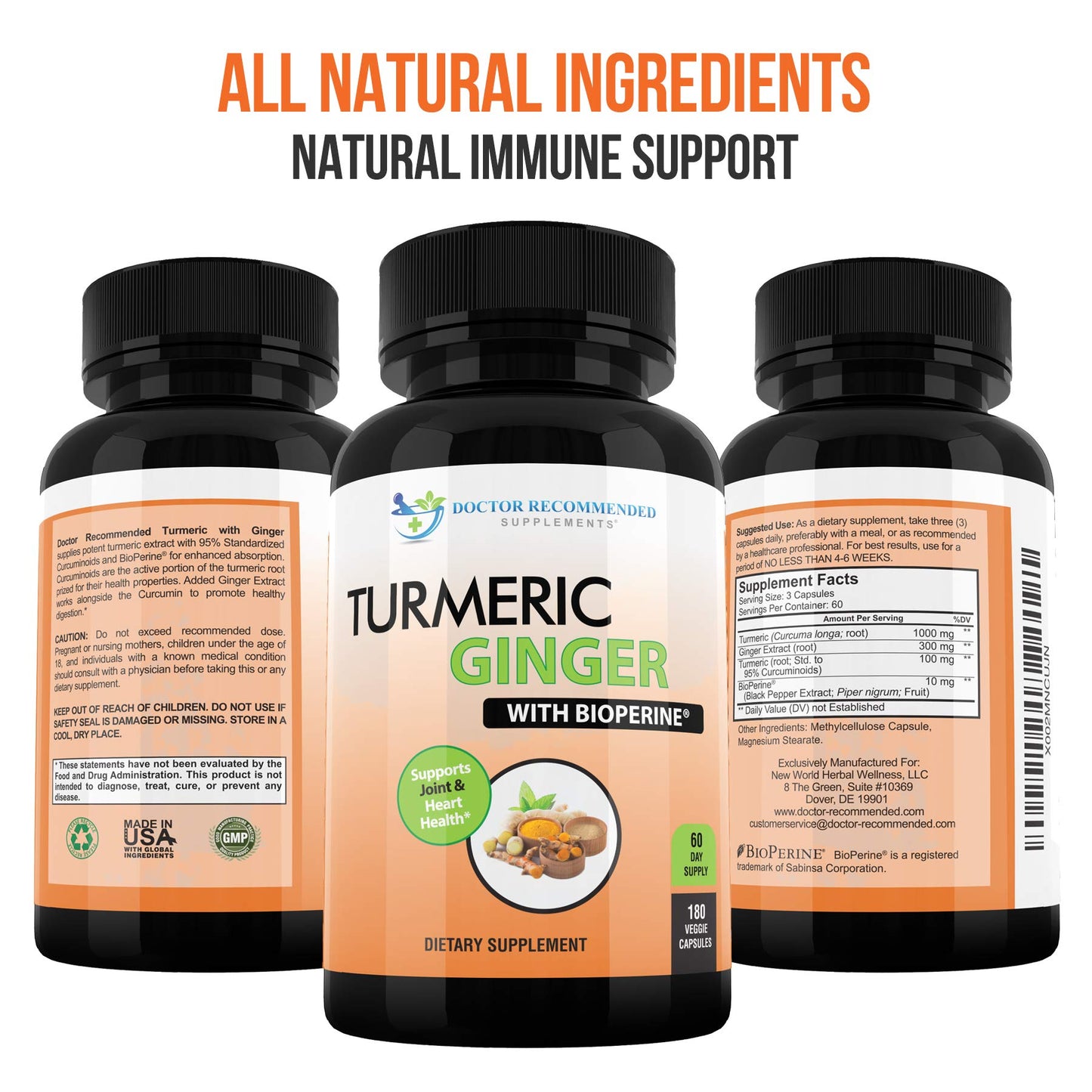 Turmeric Curcumin with Ginger, 95% Curcuminoids with BioPerine - 180 Veggie Capsules - Made in USA
