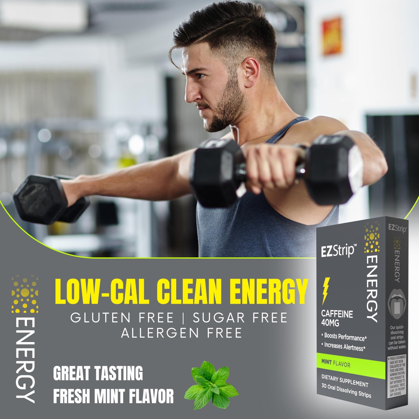 EZStrip Energy Supplements - Mint Flavor, 30 Count - Dissolving Strips with 40mg Caffeine to Help Energize Your Day and Boost Performance - Made in The USA, Sugar and Gluten-Free
