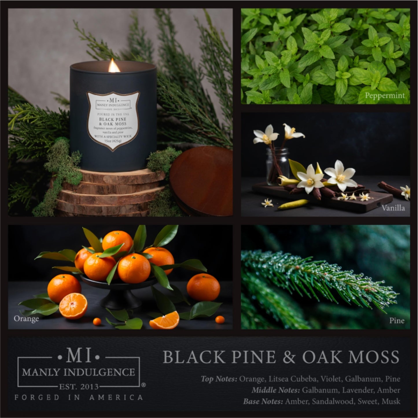 Manly Indulgence Black Pine Oakmoss Scented Candles for Men, 15 oz Wooden Wick, Fathers Day Candle, 60H Burn, Candles for Home Scented - Made in The USA