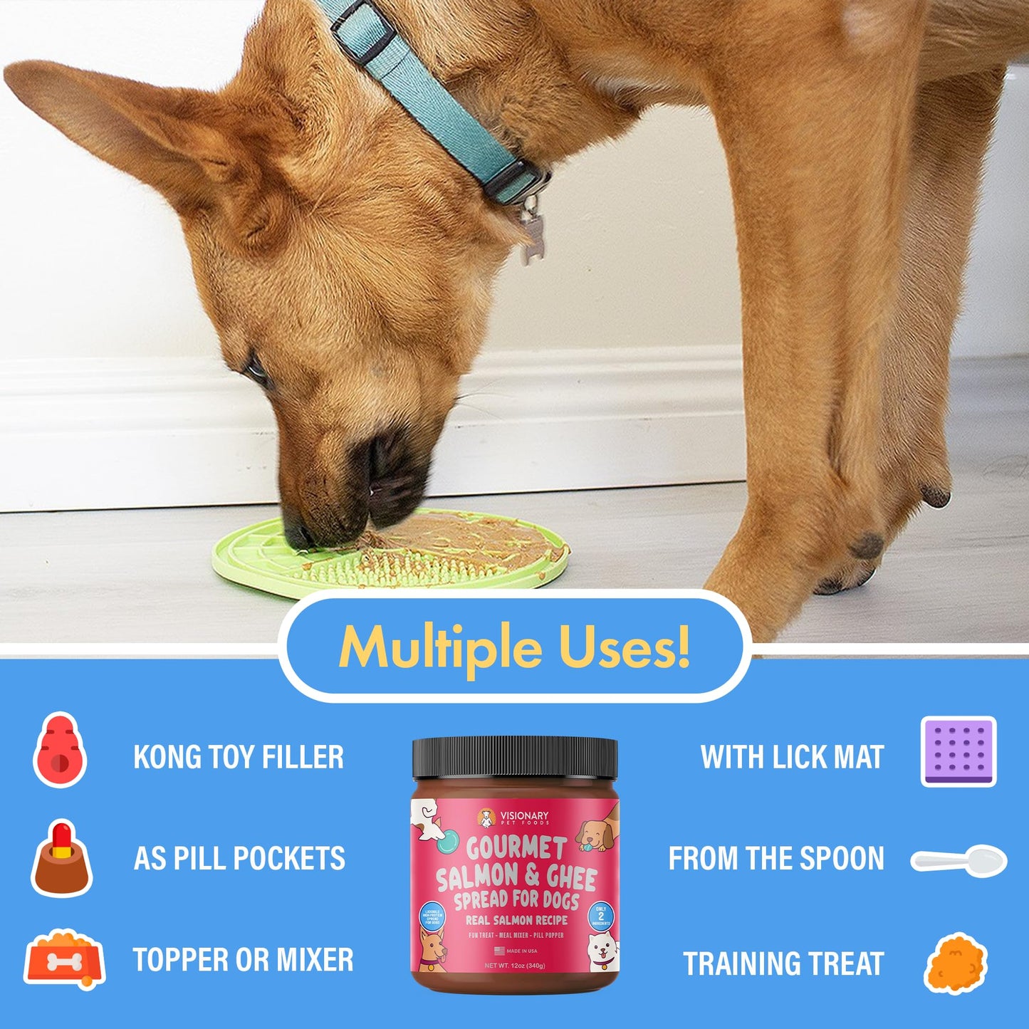 Visionary Pet Foods Salmon Meat Spread - Healthy Dog Treat - Alternative to Dog Peanut Butter, Xylitol Free, No Sugar and Filler Free - Use on Lick Mat, Food Mixer, Pill Pockets - 12oz Jar