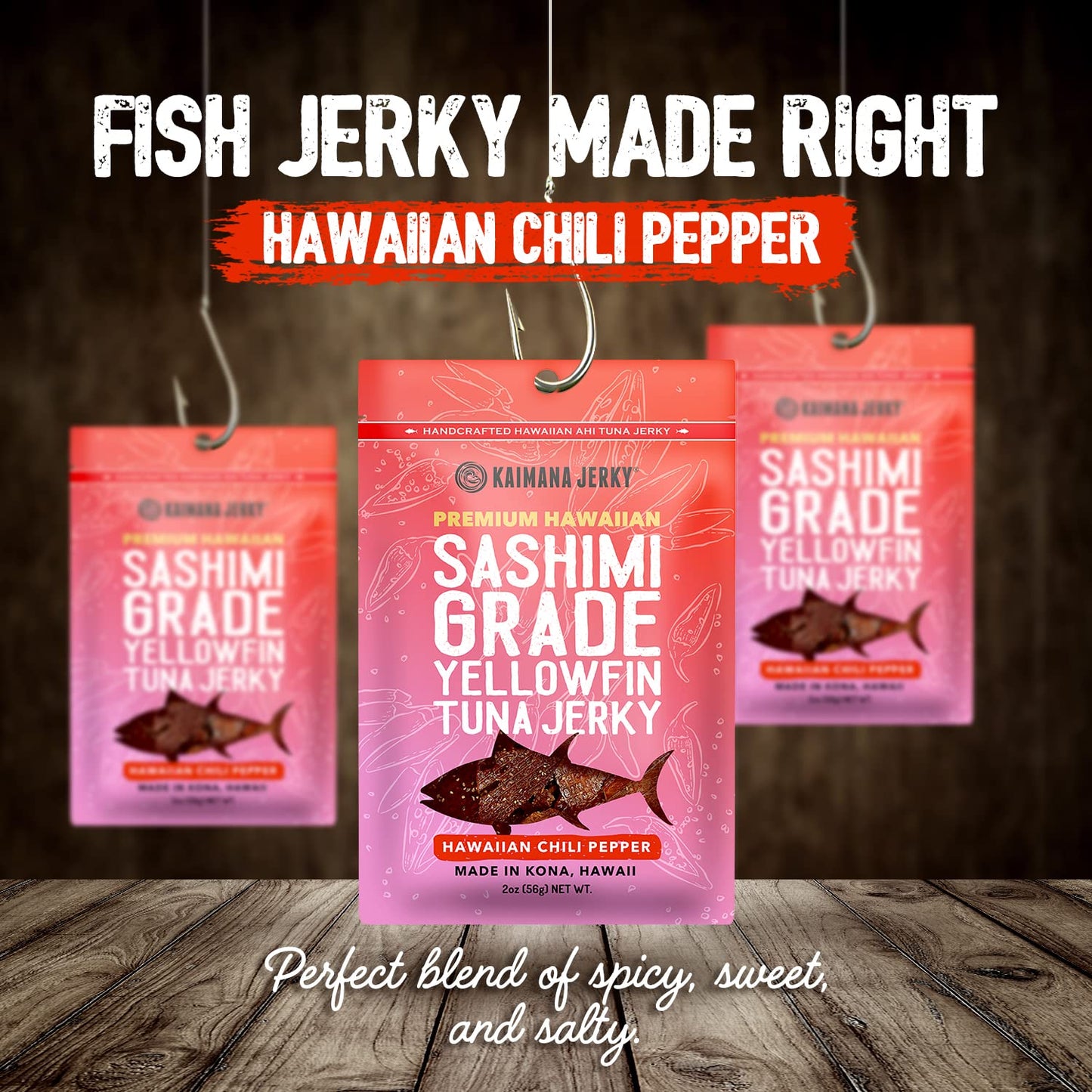 Kaimana Ahi Tuna Jerky Hawaiian Chili Pepper - Soft and Tasty - Premium Fish Jerky Made in the USA. High in Omega 3's, All Natural and Wild Caught - 2 Ounce (Pack of 3)