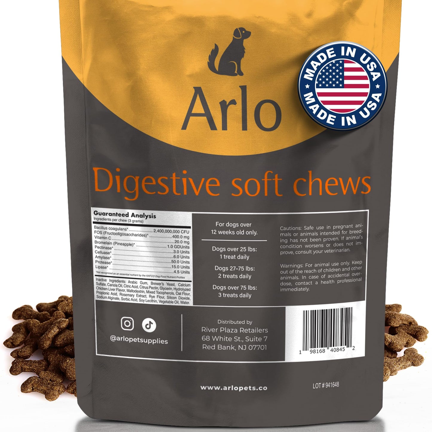 Arlo Pet Supplies Pre and Probiotics for Dogs & Puppies, Digestive Supplement, 60 Soft Chews, 2 Billion CFUs, Vitamin C, Supports Healthy Digestion, Helps Reduce Gas, Bloating, Irregularity