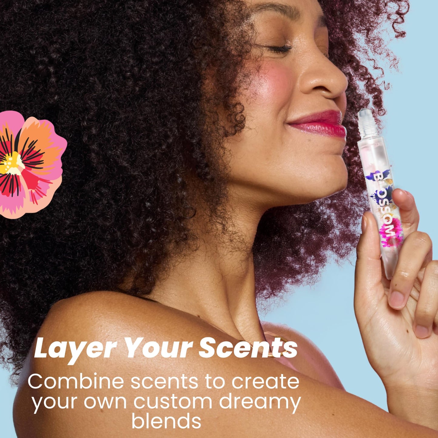 Blossom Roll on Perfume for Women Alcohol Free Rollerball Perfume Oil with Essential Oils, Infused with Real Flowers, Made in USA, 0.3oz, 3 pack Mini Gift Set, Hibiscus/Honey Jasmine/Rose