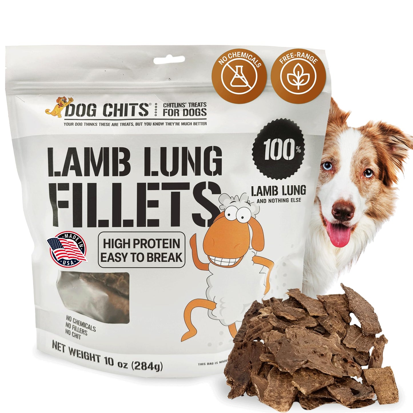 Dog Chits Lamb Lung Fillets Dog and Puppy Treats - Made in USA - Easy to Break - Slices - Random Shape - All Natural - Great for Training - High Protein - Low Fat - Large 10 oz. Bag