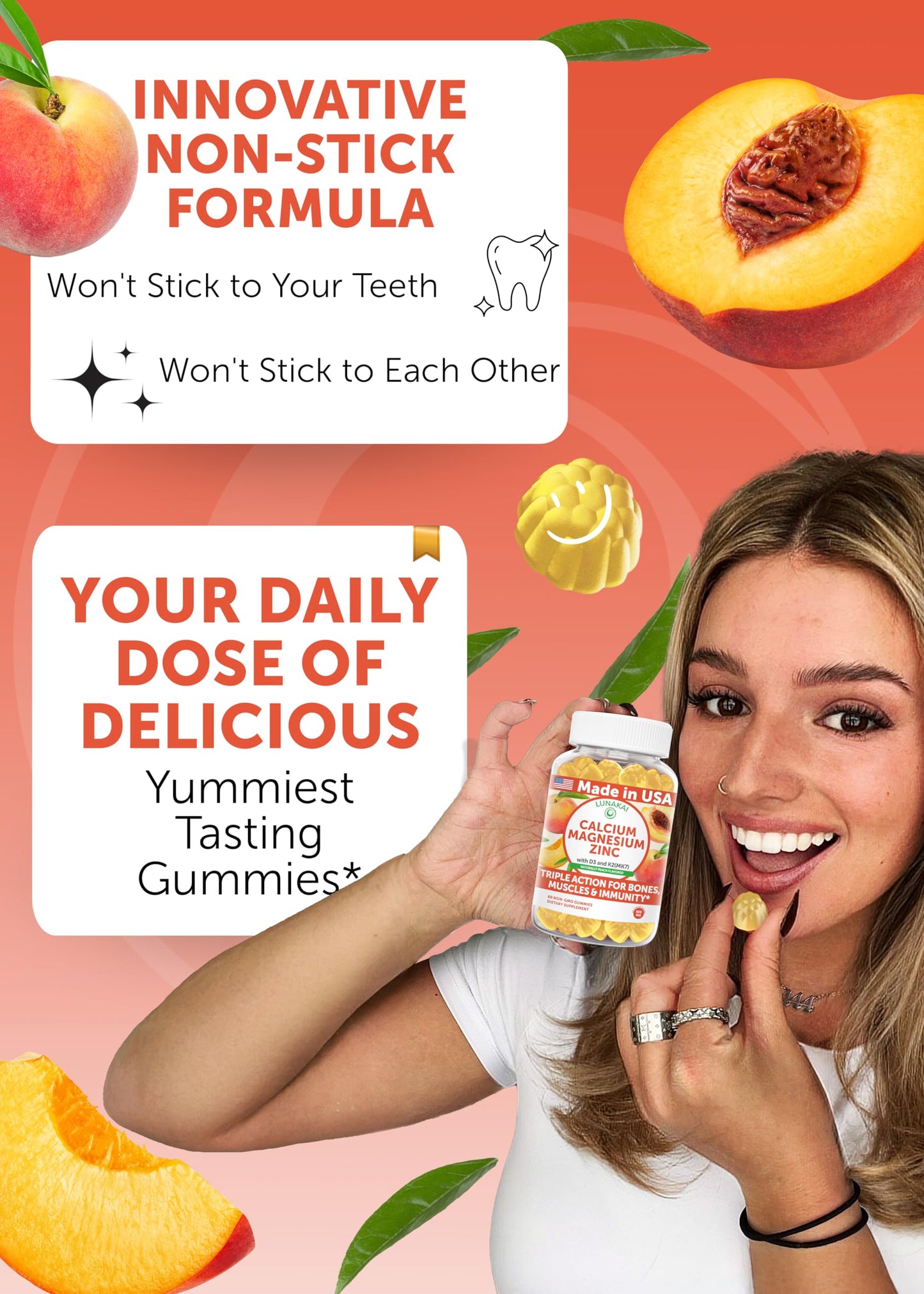 Lunakai USA Made Calcium Gummies with Magnesium, Zinc, Vitamin D3 & K2 for Women, Men & Kids – Delicious Calcium Magnesium Zinc D3 Supplement for Bone, Muscle & Immune Support, 60ct