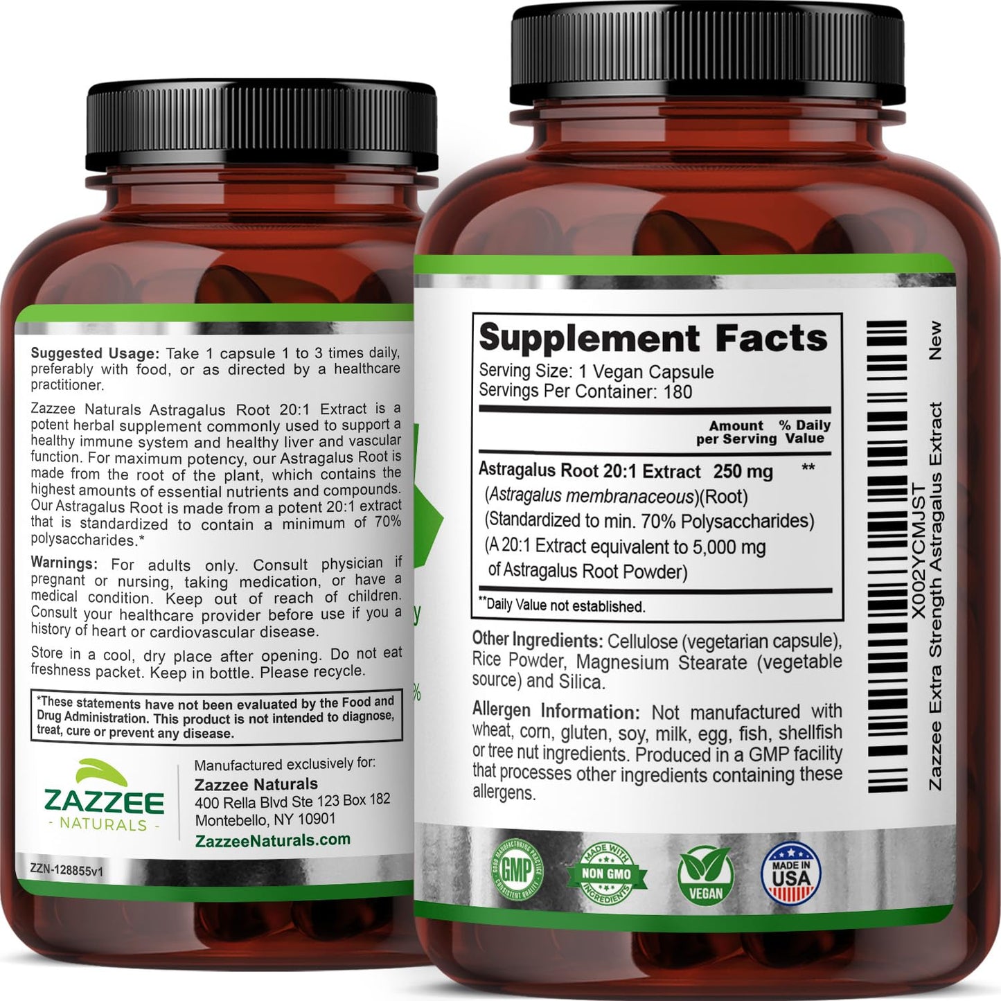 Zazzee Extra Strength Astragalus Root 20:1 Extract, 5000 mg Strength, 70% Polysaccharides, 180 Vegan Capsules, 6 Month Supply, 100% Vegetarian, Standardized and Concentrated 20X Extract, Non-GMO