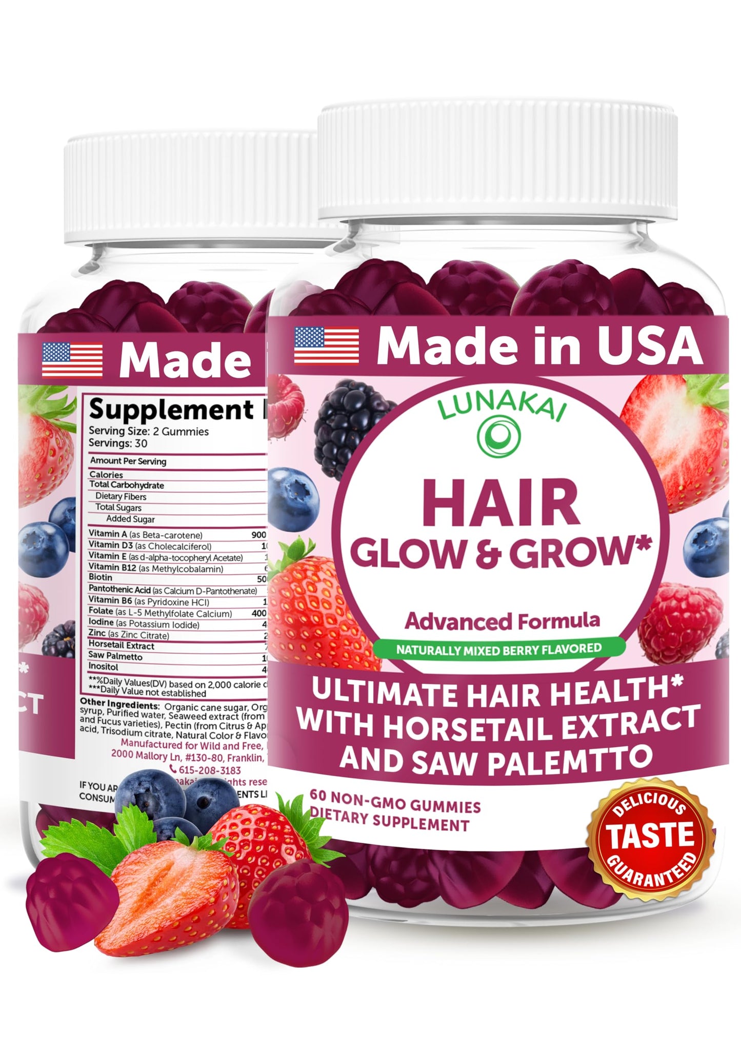 Lunakai USA Made Super Hair Gummies with Biotin, Zinc, Horsetail Extract & Saw Palmetto - Hair Growth Vitamins for Women & Men – Supports Thicker, Longer, Stronger Tresses, Skin & Nails, 60ct