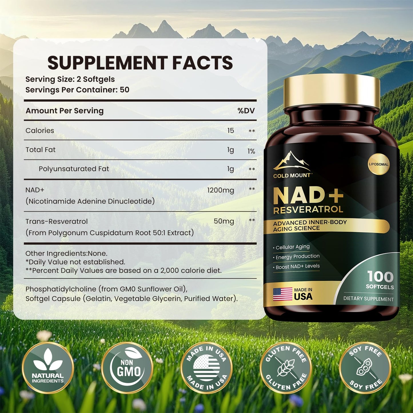 MEGNETA Liposomal NAD+ Supplement 1200mg with Trans Resveratrol - Boost NAD+ Levels, Energy & Anti-Aging Support - Vegan, 100 Softgels