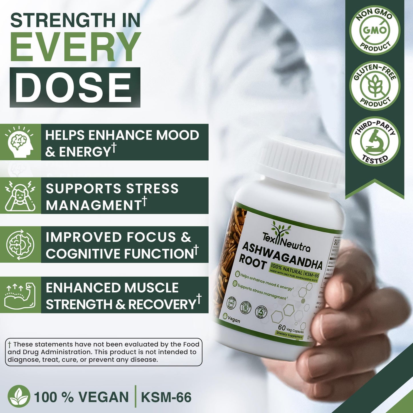 TEX NEWTRA KSM-66 Ashwagandha Root Extract 600mg, 60 Capsules - 5% Withanolides - Full-Spectrum Root Extract