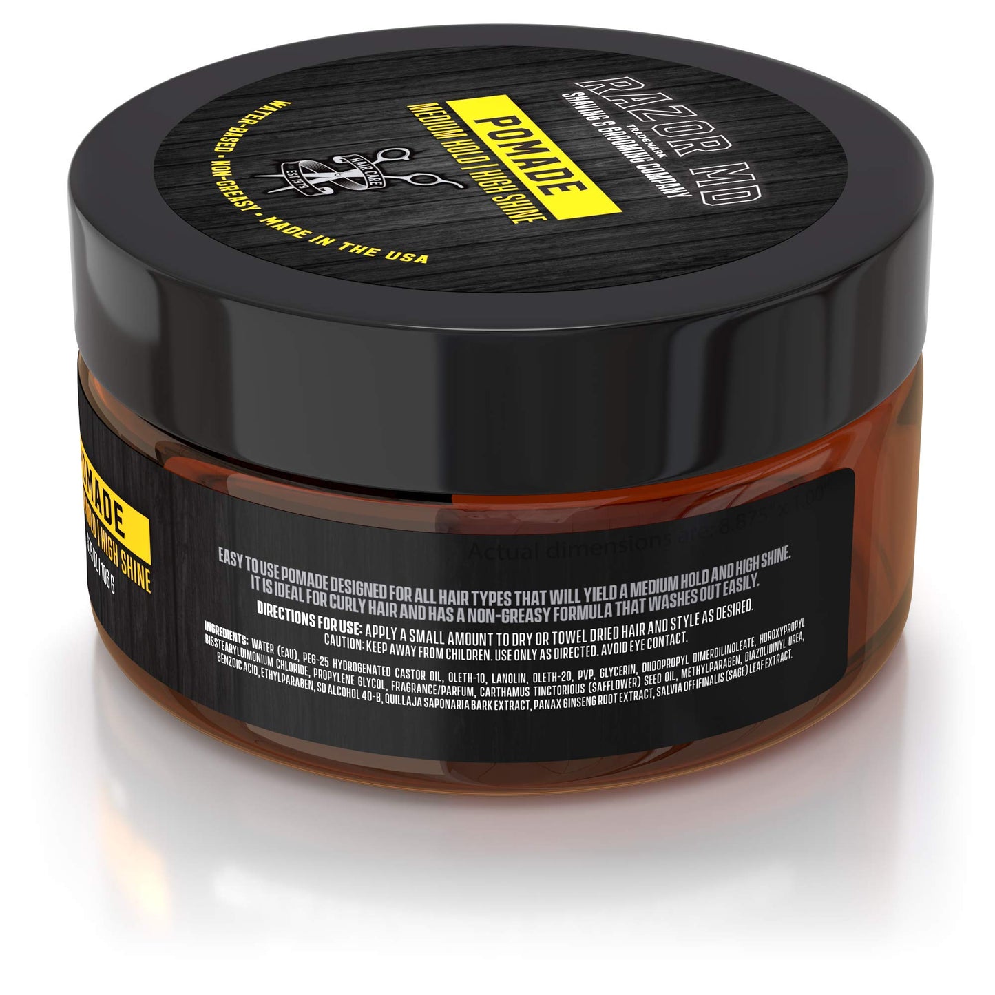 Razor MD Natural Water Based Hair Pomade for Men With High Shine and Slickback Finish, Medium Strong Hold Best Hair Products for Mens with Curly, Long, Wavy and Thin Hair, Made in the USA, 2 oz