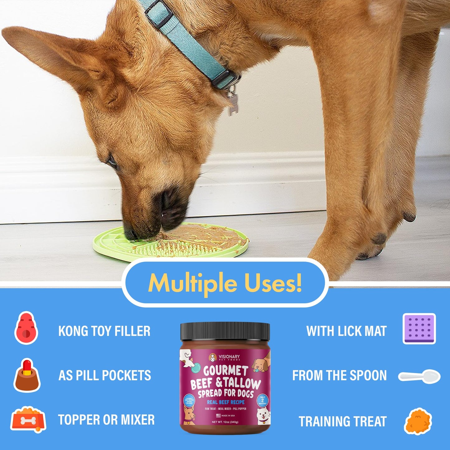 Visionary Pet Foods Beef Meat Spread - Healthy Dog Treat - Alternative to Dog Peanut Butter, Xylitol Free, No Sugar and Filler Free - Use on Lick Mat, Food Mixer, Pill Pockets - 12oz Jar